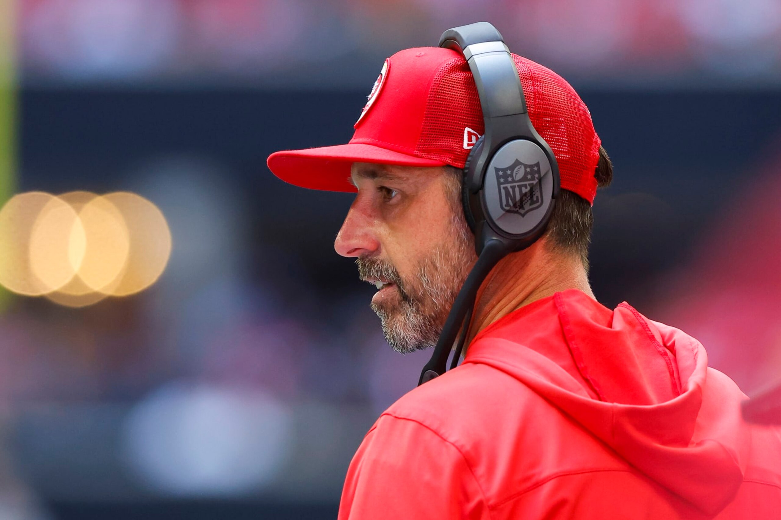 ATLANTA, GA - OCTOBER 16: Head coach Kyle Shanahan of the San Francisco 49ers looks on during the second half against the Atlanta Falcons at Mercedes-Benz Stadium on October 16, 2022 in Atlanta, Georgia. (Photo by Todd Kirkland/Getty Images)