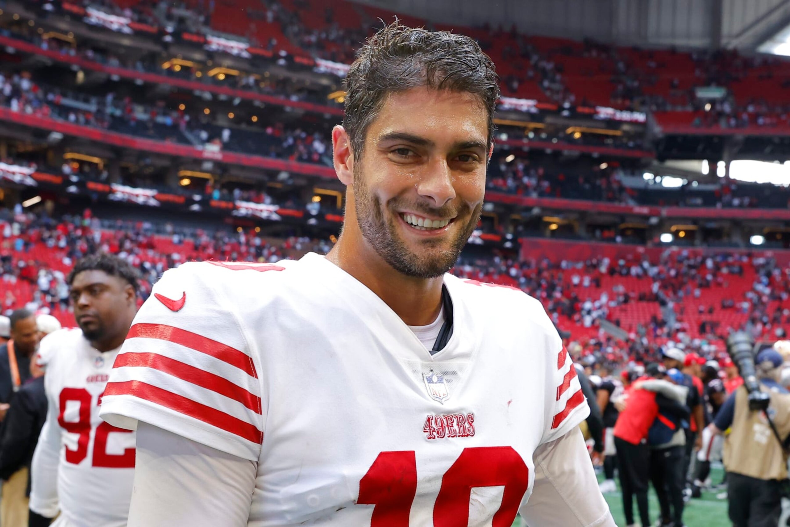 ATLANTA, GA - OCTOBER 16: Jimmy Garoppolo #10 of the San Francisco 49ers leaves the field following the game agains the Atlanta Falcons at Mercedes-Benz Stadium on October 16, 2022 in Atlanta, Georgia. (Photo by Todd Kirkland/Getty Images)
