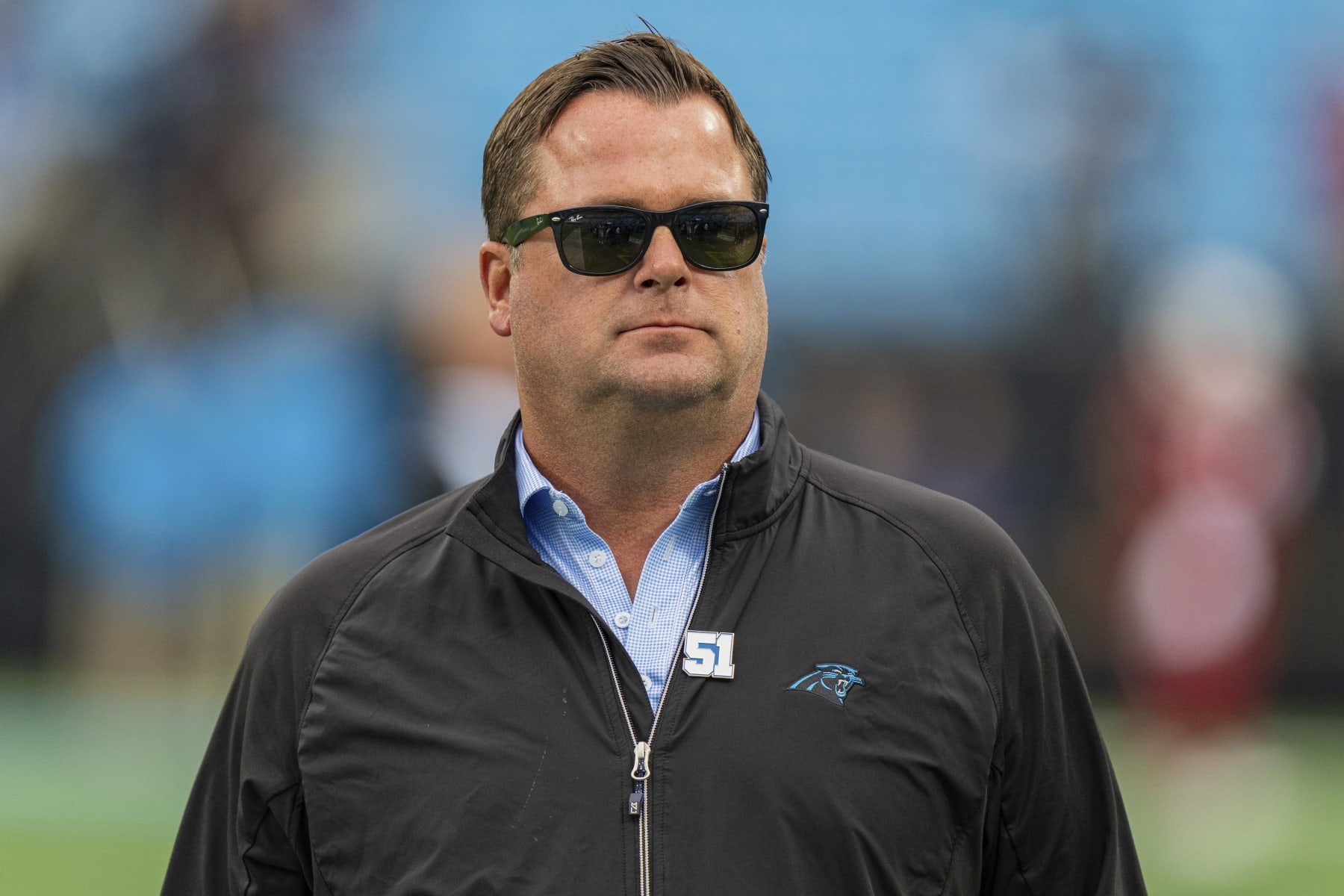 Carolina Panthers general manager Scott Fitterer looks on during warm ups before an NFL football game against the Arizona Cardinals on Sunday, Oct. 2, 2022, in Charlotte, N.C. (AP Photo/Jacob Kupferman)