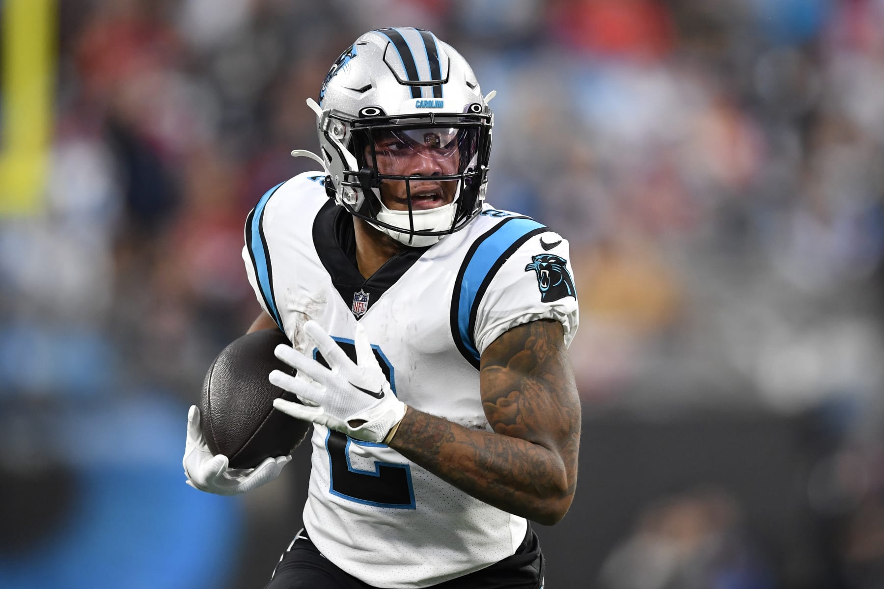 CHARLOTTE, NORTH CAROLINA - OCTOBER 09: DJ Moore #2 of the Carolina Panthers runs with the ball during the second half in the game against the San Francisco 49ers at Bank of America Stadium on October 09, 2022 in Charlotte, North Carolina. (Photo by Mike Comer/Getty Images)