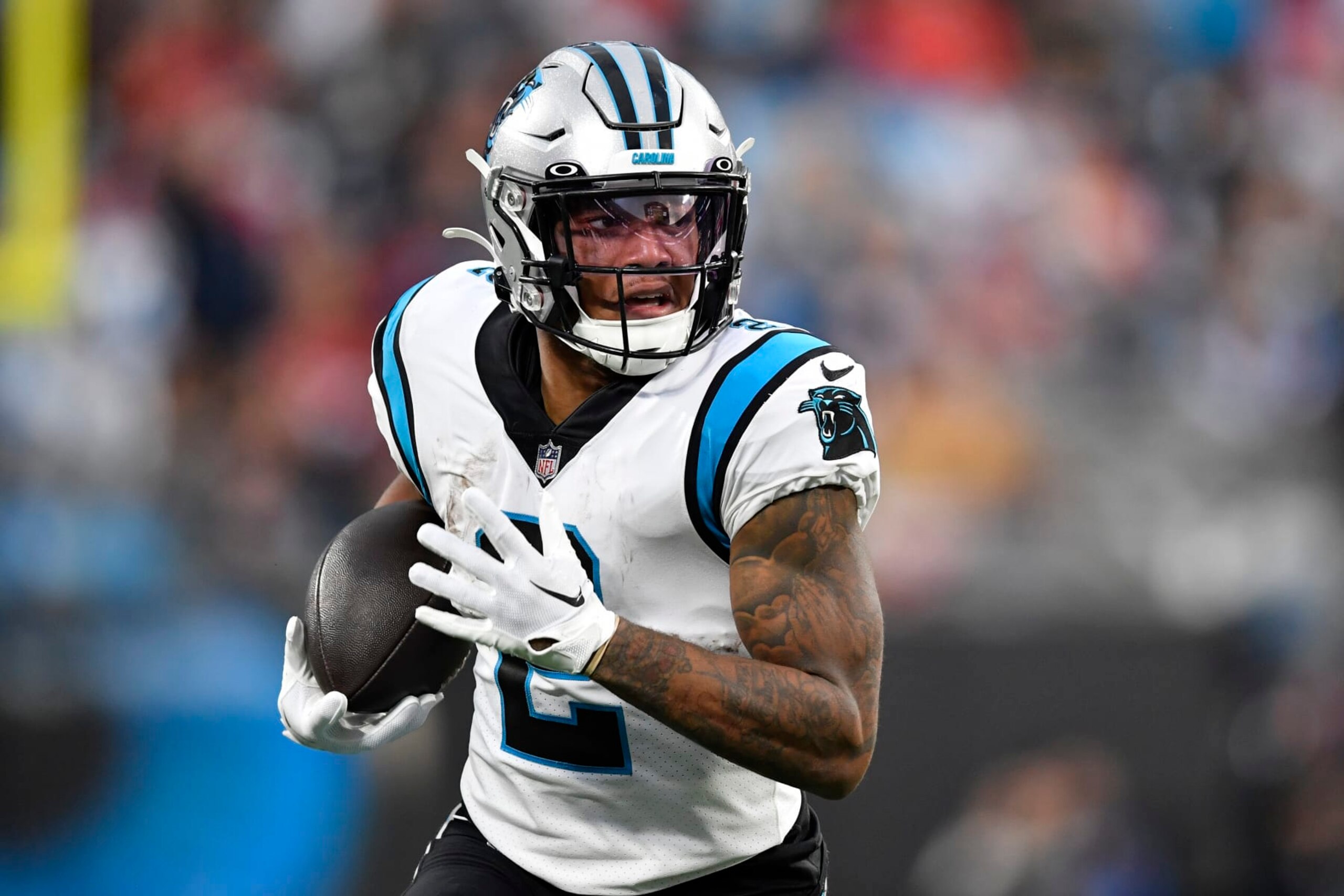 CHARLOTTE, NORTH CAROLINA - OCTOBER 09: DJ Moore #2 of the Carolina Panthers runs with the ball during the second half in the game against the San Francisco 49ers at Bank of America Stadium on October 09, 2022 in Charlotte, North Carolina. (Photo by Mike Comer/Getty Images)