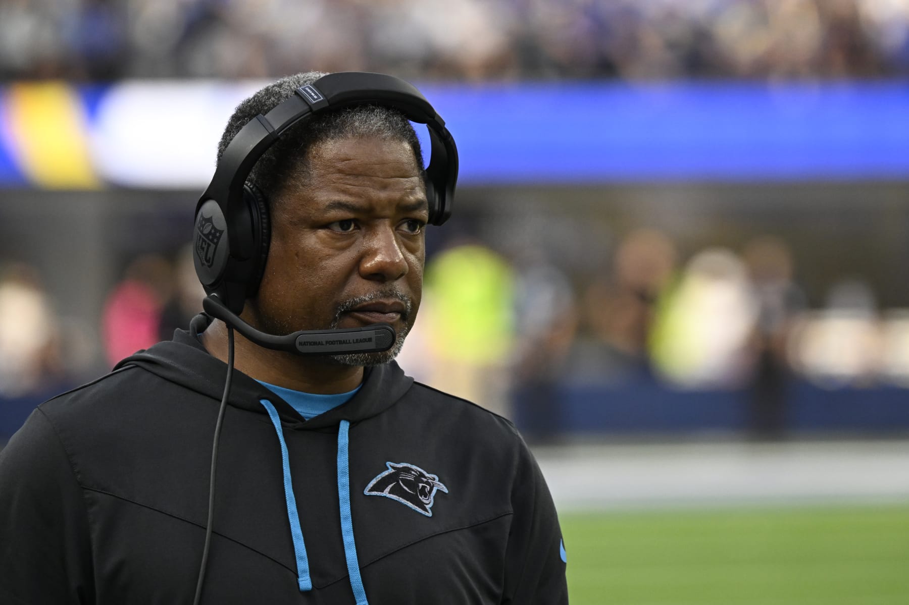 INGLEWOOD, CA - OCTOBER 16: Steve Wilks head coach of the Carolina Panthers during a game against the Los Angeles Ramsat SoFi Stadium on October 16, 2022 in Inglewood, California. (Photo by John McCoy/Getty Images)