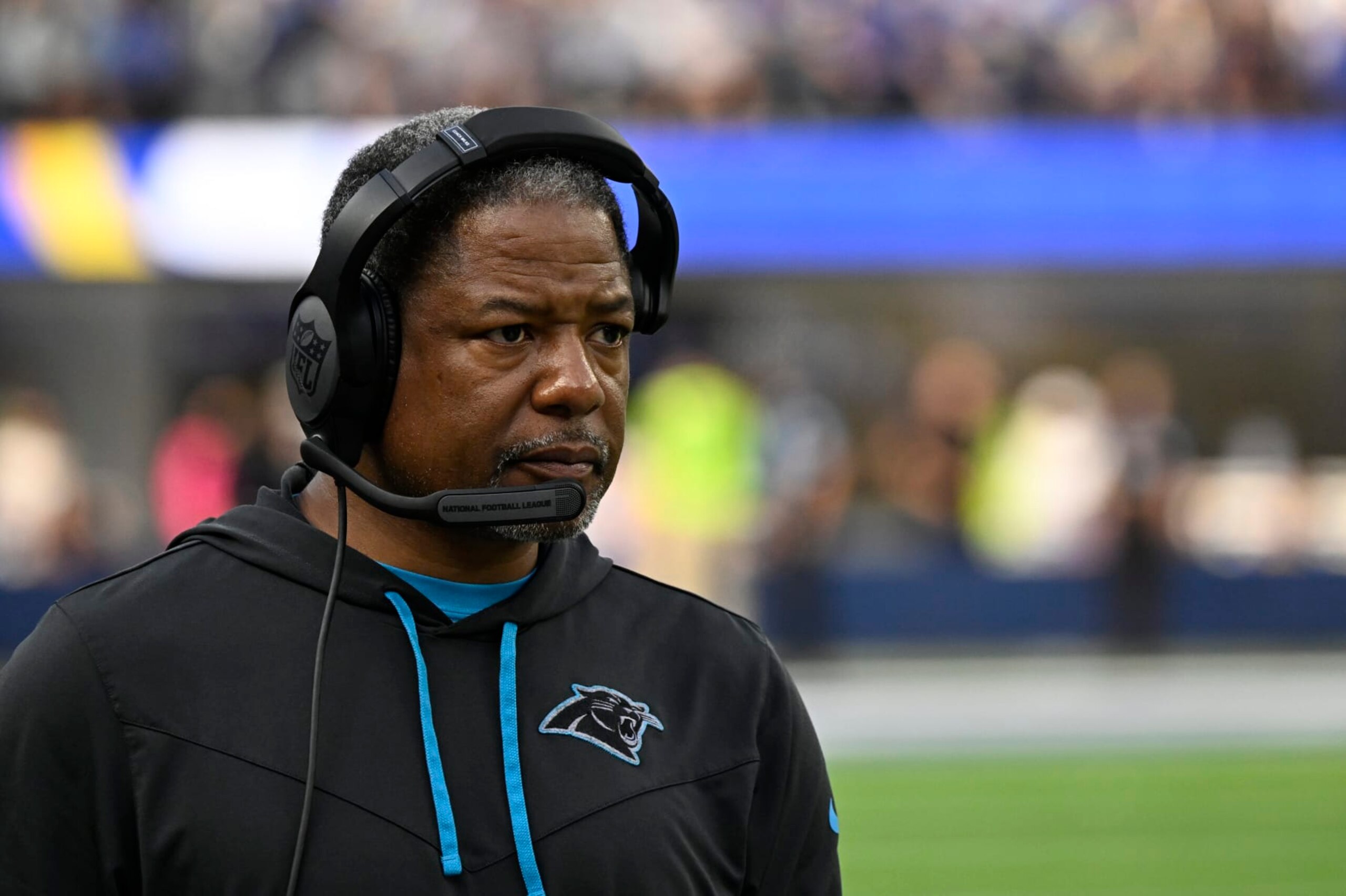 INGLEWOOD, CA - OCTOBER 16: Steve Wilks head coach of the Carolina Panthers during a game against the Los Angeles Ramsat SoFi Stadium on October 16, 2022 in Inglewood, California. (Photo by John McCoy/Getty Images)