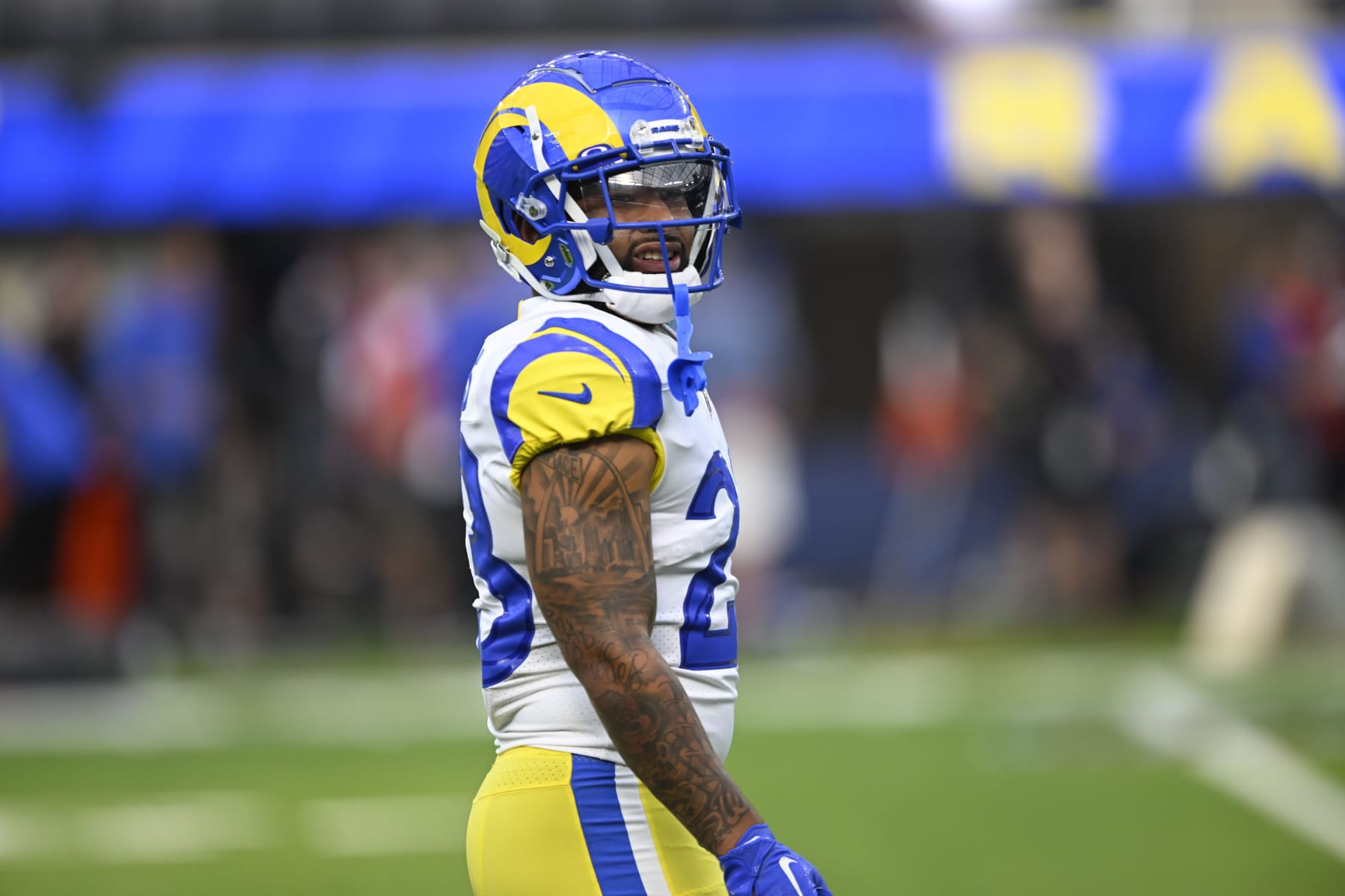 Los Angeles Rams running back Kyren Williams (23) plays during an NFL football game against the Buffalo Bills Sept. 8, 2022, in Inglewood, Calif. (AP Photo/Denis Poroy)