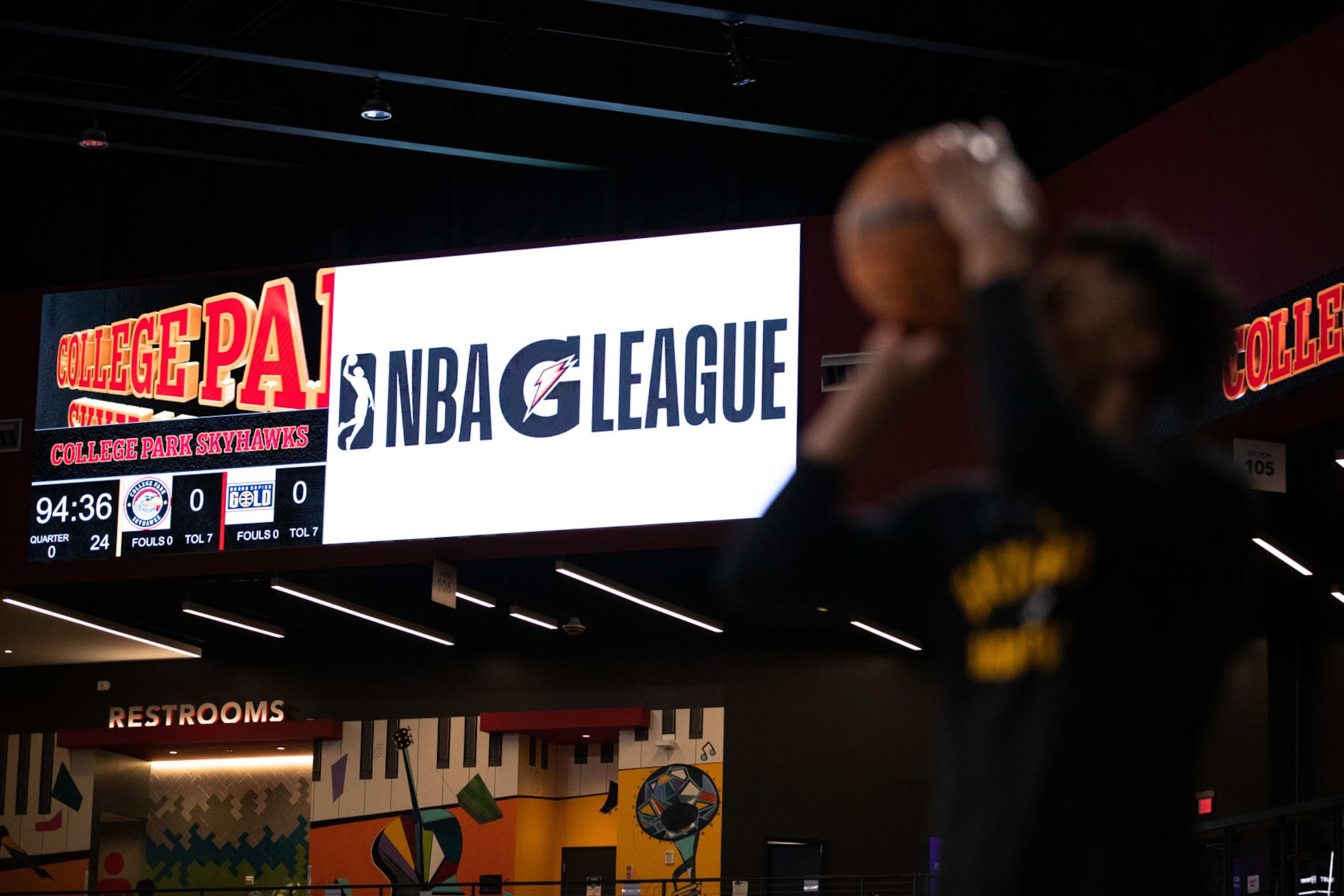 COLLEGE PARK, GA - JANUARY 11: The NBA G League logo before the game between the College Park Skyhawks  and the Grand Rapid Gold on January 11, 2022 at Gateway Center Arena in College Park, Georgia. NOTE TO USER: User expressly acknowledges and agrees that, by downloading and/or using this Photograph, user is consenting to the terms and conditions of the Getty Images License Agreement. Mandatory Copyright Notice: Copyright 2022 NBAE (Photo by Matthew Grimes/NBAE via Getty Images)