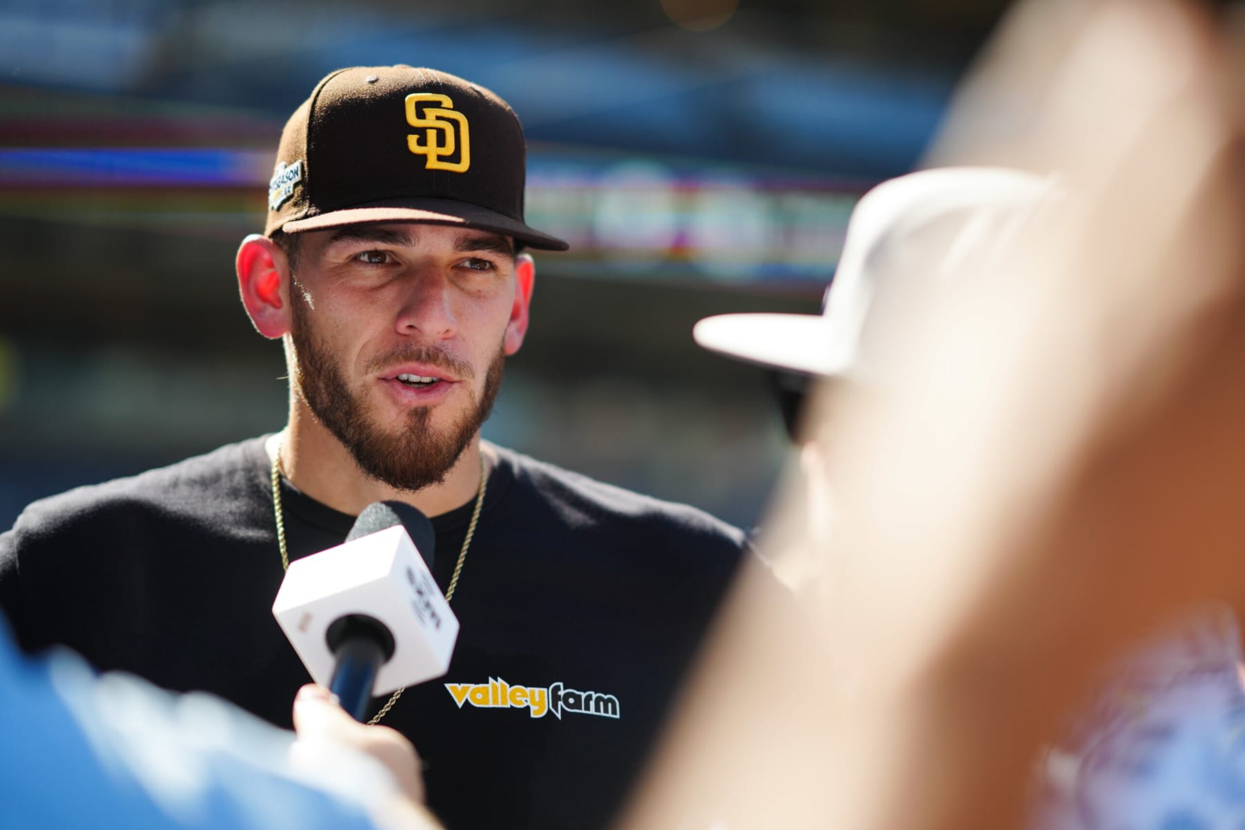 SAN DIEGO, CA - OCTOBER 18:   Joe Musgrove #44 of the San Diego Padres speaks to a media member before the game between the Philadelphia Phillies and the San Diego Padres at Petco Park on Tuesday, October 18, 2022 in San Diego, California. (Photo by Daniel Shirey/MLB Photos via Getty Images)