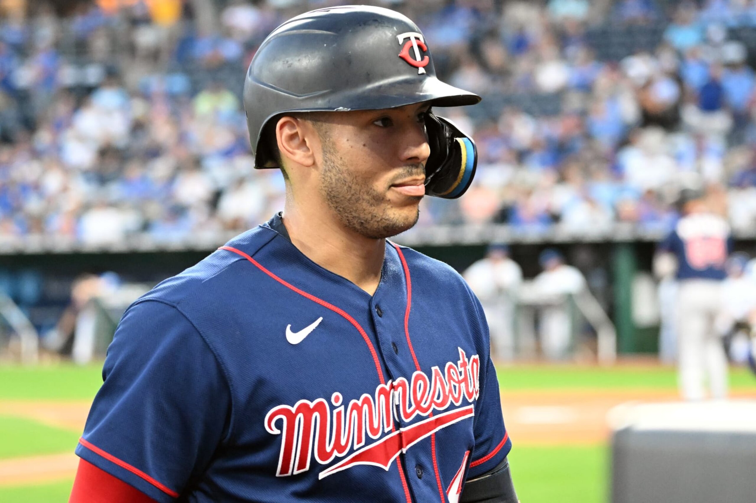 KANSAS CITY, MO - SEPTEMBER 20: Minnesota Twins shortstop Carlos Correa (4) as seen during a MLB game between the Minnesota Twins and the Kansas City Royals,  September 20, 2022, at Kauffman Stadium, Kansas City, MO. Photo by Keith Gillett/Icon Sportswire via Getty Images),