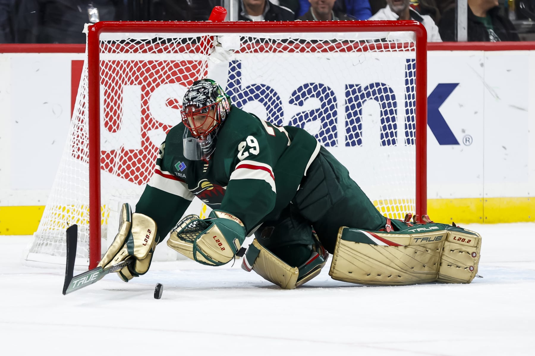 ST PAUL, MN - OCTOBER 13: Marc-Andre Fleury #29 of the Minnesota Wild makes a save against the New York Rangers in the third period of the game at Xcel Energy Center on October 13, 2022 in St Paul, Minnesota. The Rangers defeated the Wild 7-3. (Photo by David Berding/Getty Images)