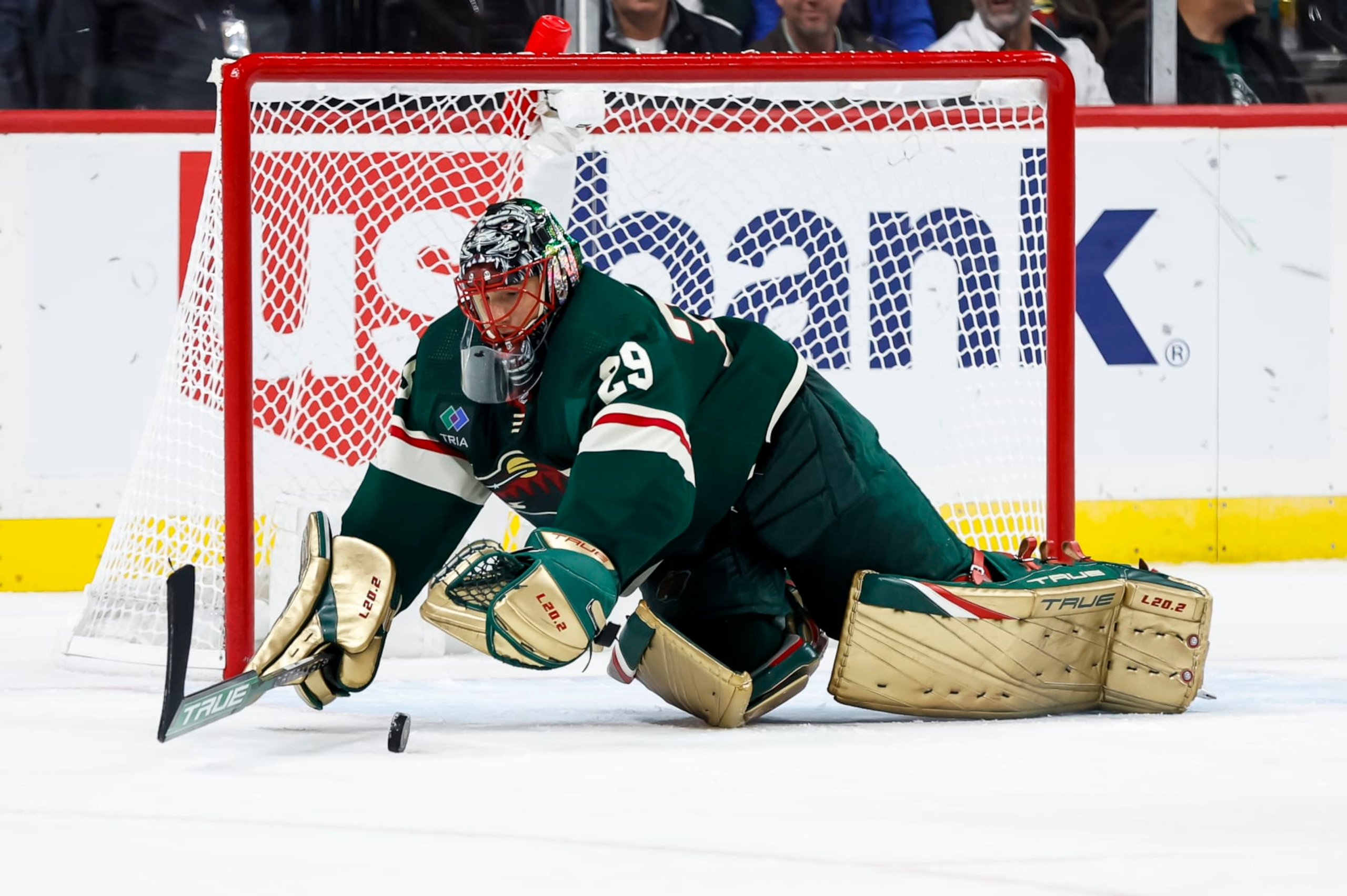 ST PAUL, MN - OCTOBER 13: Marc-Andre Fleury #29 of the Minnesota Wild makes a save against the New York Rangers in the third period of the game at Xcel Energy Center on October 13, 2022 in St Paul, Minnesota. The Rangers defeated the Wild 7-3. (Photo by David Berding/Getty Images)