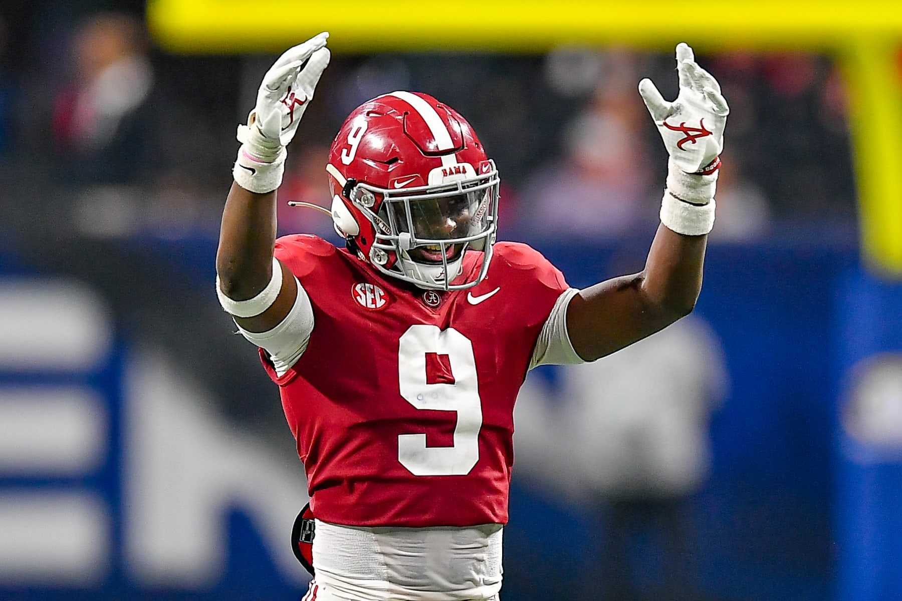 ATLANTA, GA  DECEMBER 04:  Alabama defensive back Jordan Battle (9) reacts after a defensive stop during the SEC Championship college football game between the Alabama Crimson Tide and Georgia Bulldogs on December 4th, 2021 at Mercedes Benz Stadium in Atlanta, GA.  (Photo by Rich von Biberstein/Icon Sportswire via Getty Images)
