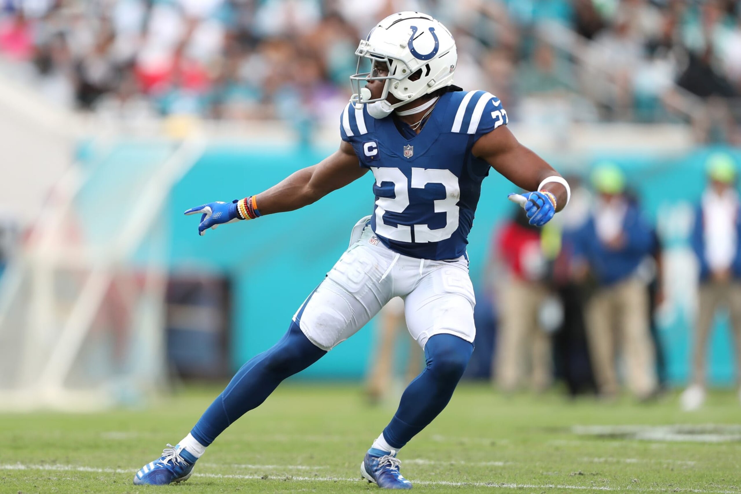 JACKSONVILLE, FLORIDA - SEPTEMBER 18: Kenny Moore II #23 of the Indianapolis Colts in action during the first half against the Jacksonville Jaguars at TIAA Bank Field on September 18, 2022 in Jacksonville, Florida. (Photo by Courtney Culbreath/Getty Images) JACKSONVILLE, FLORIDA - SEPTEMBER 18: Kenny Moore II #23 of the Indianapolis Colts in action during the first half against the Jacksonville Jaguars at TIAA Bank Field on September 18, 2022 in Jacksonville, Florida. (Photo by Courtney Culbreath/Getty Images)