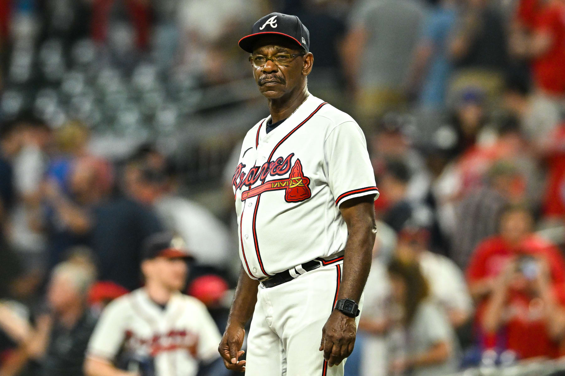 ATLANTA, GA  SEPTEMBER 20:  Atlanta third base coach Ron Washington (37) looks on during the MLB game between the Washington Nationals and the Atlanta Braves on September 20th, 2022 at Truist Park in Atlanta, GA. (Photo by Rich von Biberstein/Icon Sportswire via Getty Images)