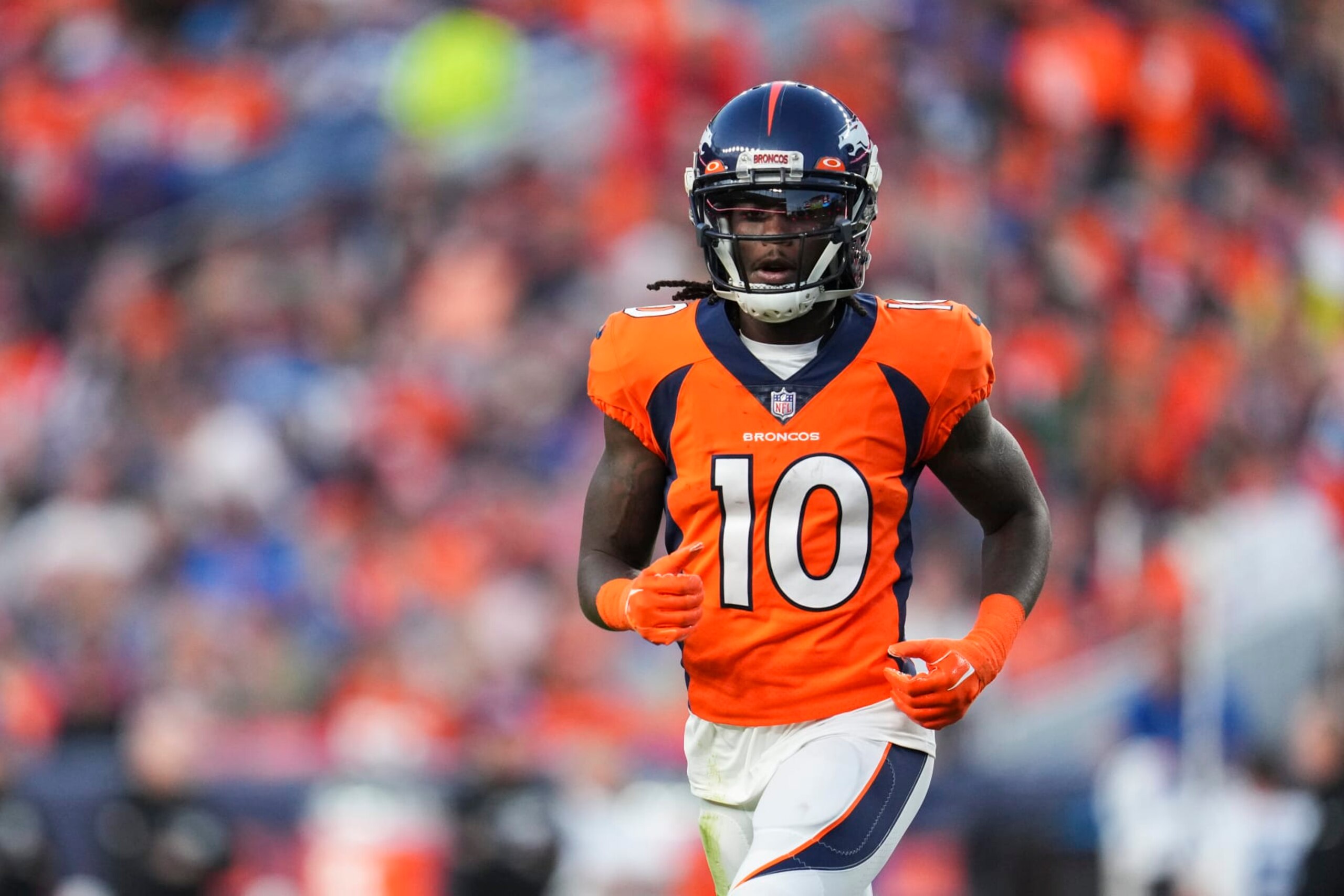 DENVER, CO - OCTOBER 06: Jerry Jeudy #10 of the Denver Broncos gets set against the Indianapolis Colts at Empower Field at Mile High on October 6, 2022 in Denver, Texas. (Photo by Cooper Neill/Getty Images)