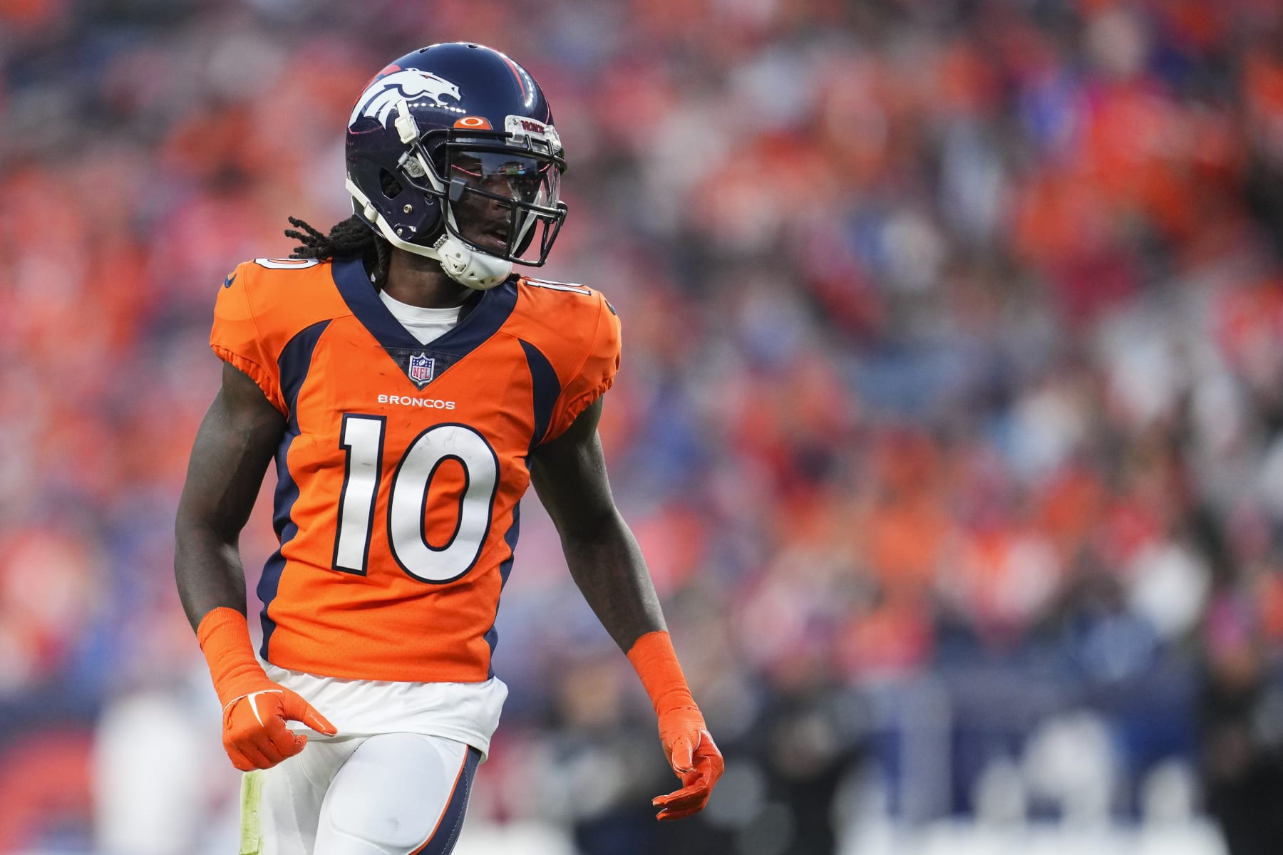 DENVER, CO - OCTOBER 06: Jerry Jeudy #10 of the Denver Broncos gets set against the Indianapolis Colts at Empower Field at Mile High on October 6, 2022 in Denver, Texas. (Photo by Cooper Neill/Getty Images)