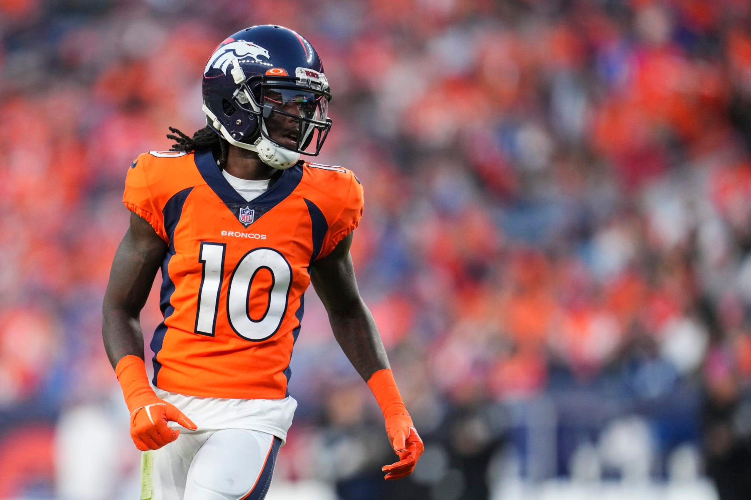 DENVER, CO - OCTOBER 06: Jerry Jeudy #10 of the Denver Broncos gets set against the Indianapolis Colts at Empower Field at Mile High on October 6, 2022 in Denver, Texas. (Photo by Cooper Neill/Getty Images)