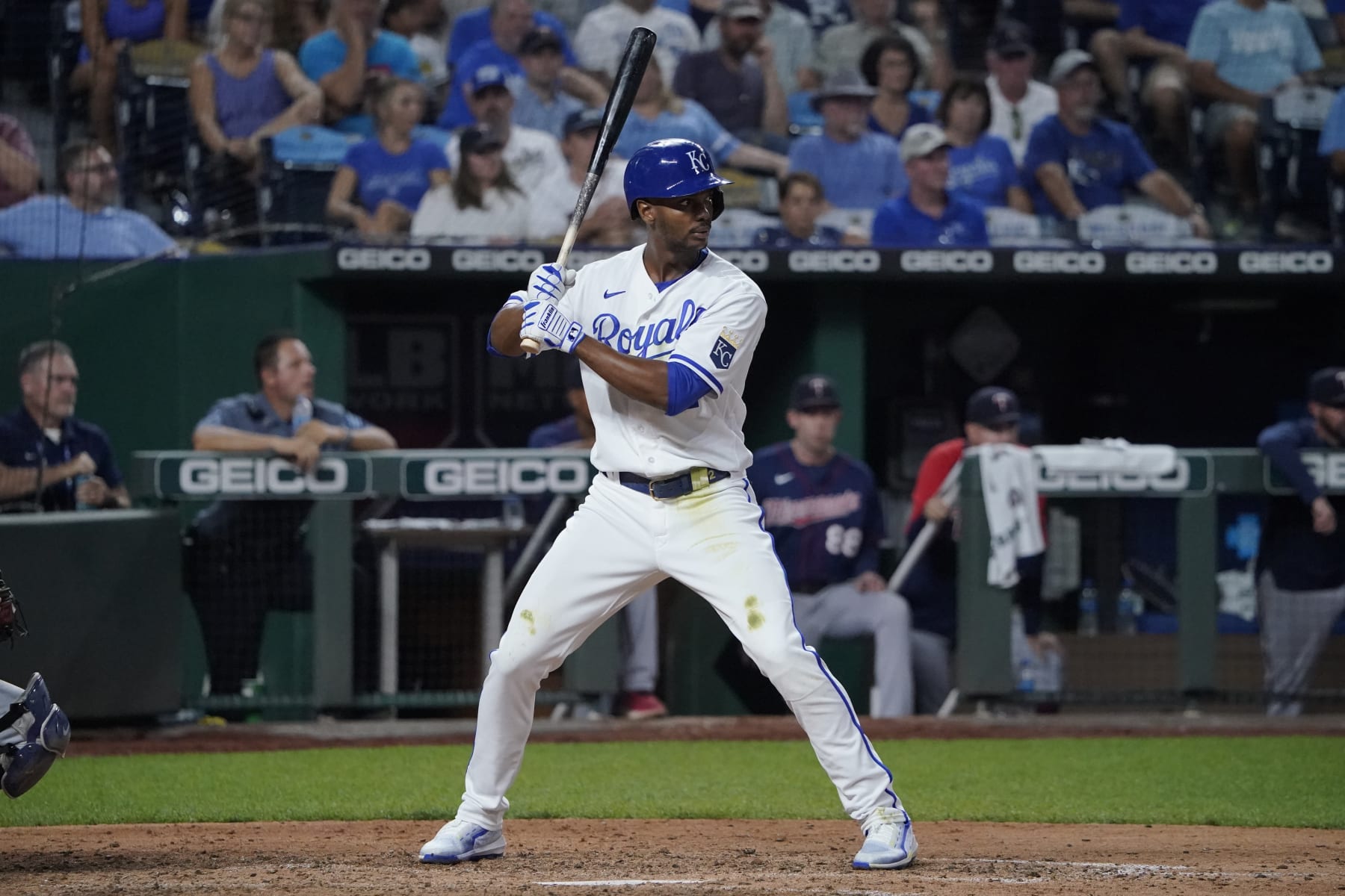 KANSAS CITY, MISSOURI - SEPTEMBER 20:  Michael A. Taylor #2 of the Kansas City Royals bats against the Minnesota Twins at Kauffman Stadium on September 20, 2022 in Kansas City, Missouri. (Photo by Ed Zurga/Getty Images)