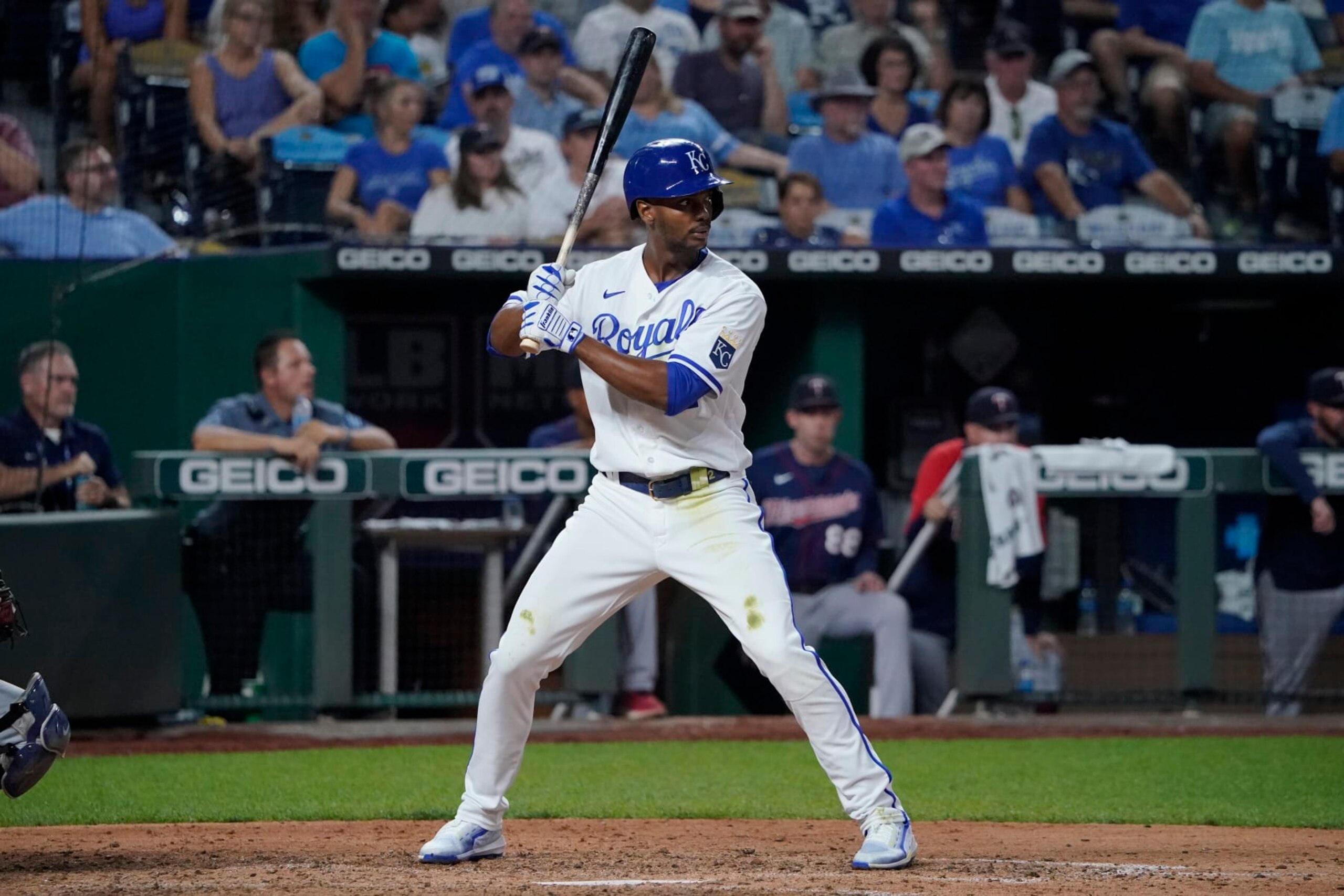 KANSAS CITY, MISSOURI - SEPTEMBER 20:  Michael A. Taylor #2 of the Kansas City Royals bats against the Minnesota Twins at Kauffman Stadium on September 20, 2022 in Kansas City, Missouri. (Photo by Ed Zurga/Getty Images)