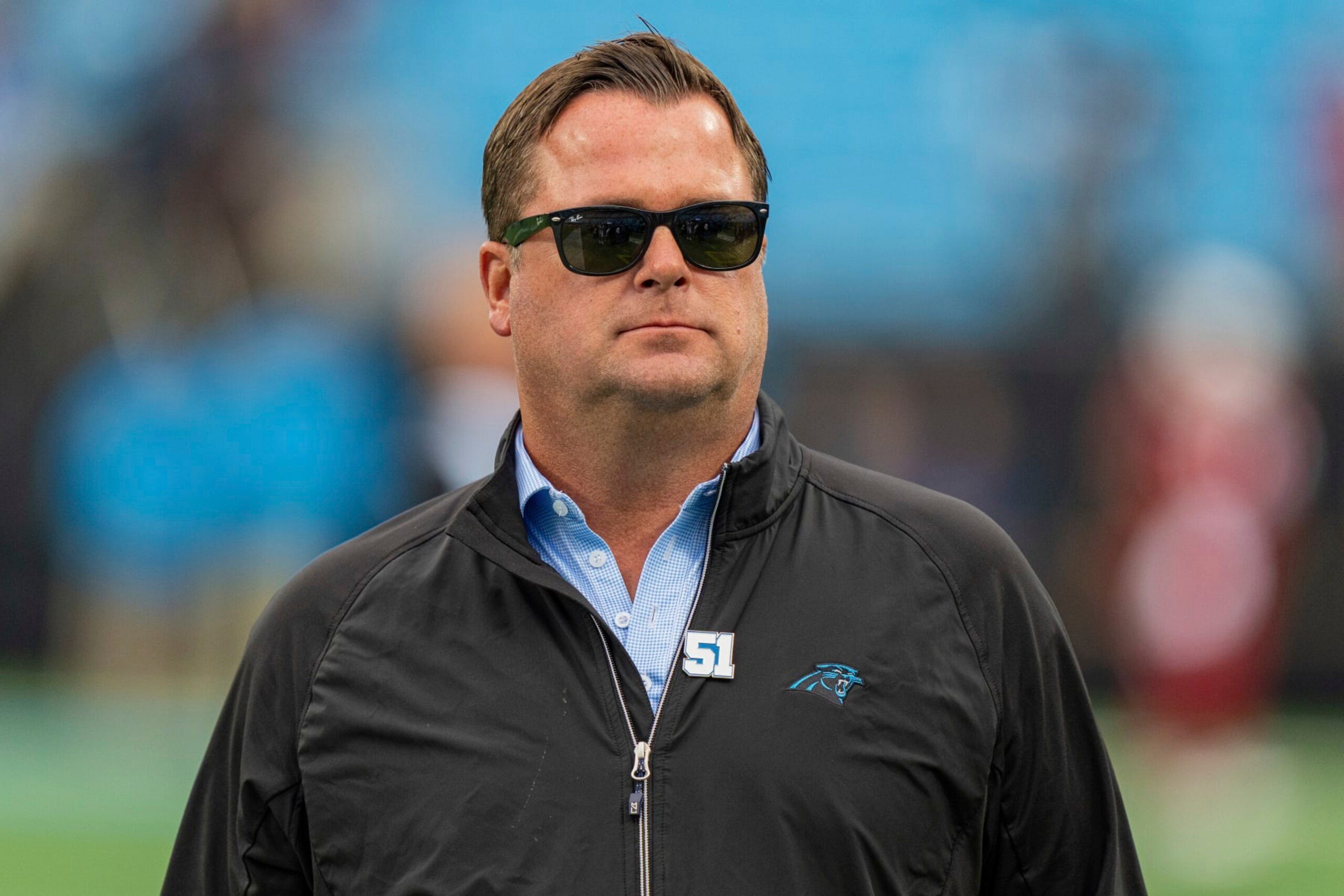 Carolina Panthers general manager Scott Fitterer looks on during warm ups before an NFL football game against the Arizona Cardinals on Sunday, Oct. 2, 2022, in Charlotte, N.C. (AP Photo/Jacob Kupferman)