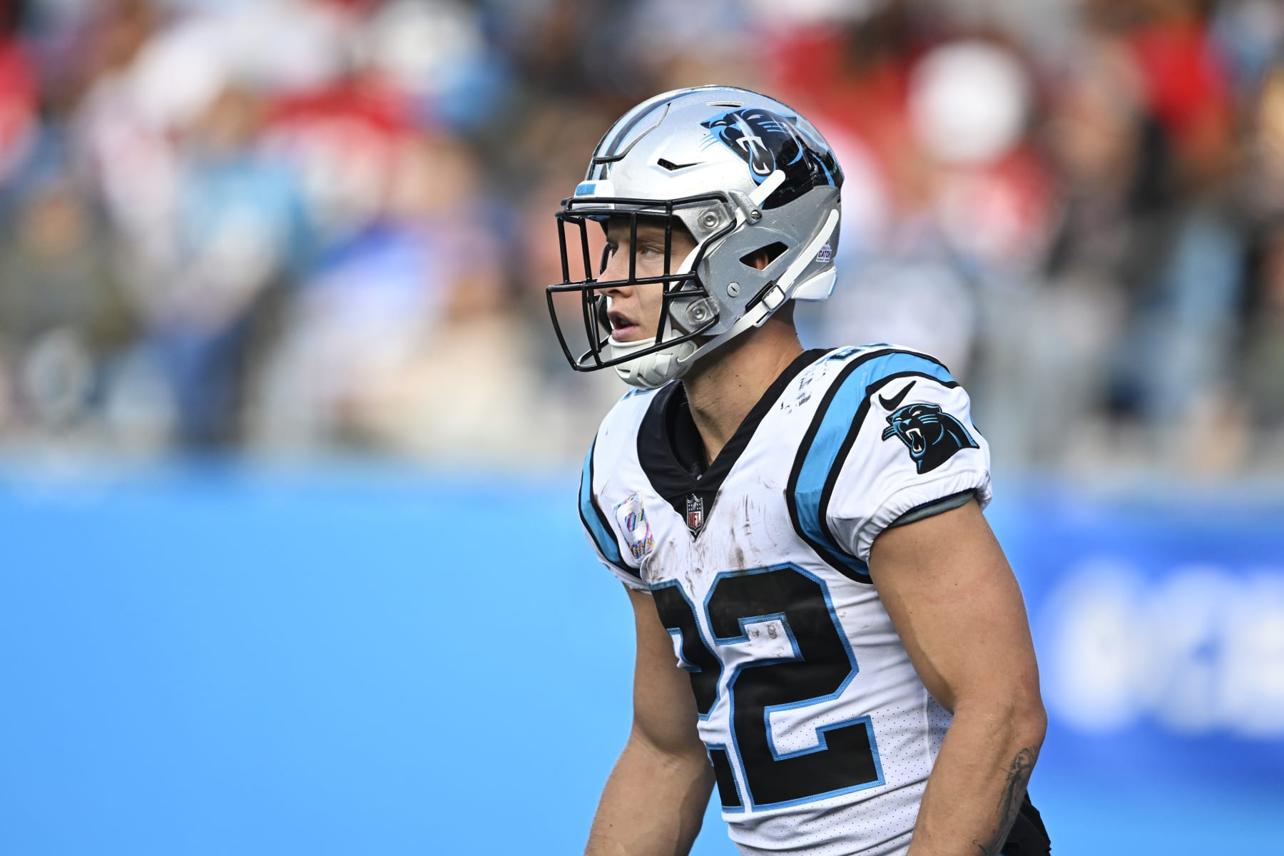 CHARLOTTE, NORTH CAROLINA - OCTOBER 09: Christian McCaffrey #22 of the Carolina Panthers stands on the field during the second quarter against the San Francisco 49ers at Bank of America Stadium on October 09, 2022 in Charlotte, North Carolina. (Photo by Eakin Howard/Getty Images)