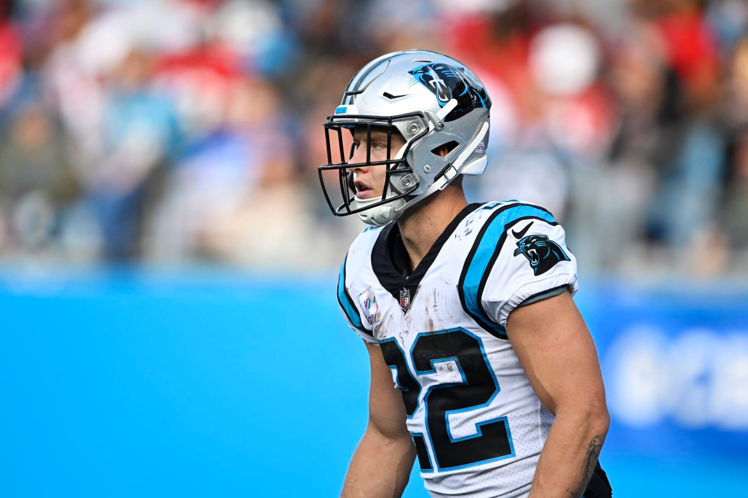 CHARLOTTE, NORTH CAROLINA - OCTOBER 09: Christian McCaffrey #22 of the Carolina Panthers stands on the field during the second quarter against the San Francisco 49ers at Bank of America Stadium on October 09, 2022 in Charlotte, North Carolina. (Photo by Eakin Howard/Getty Images)