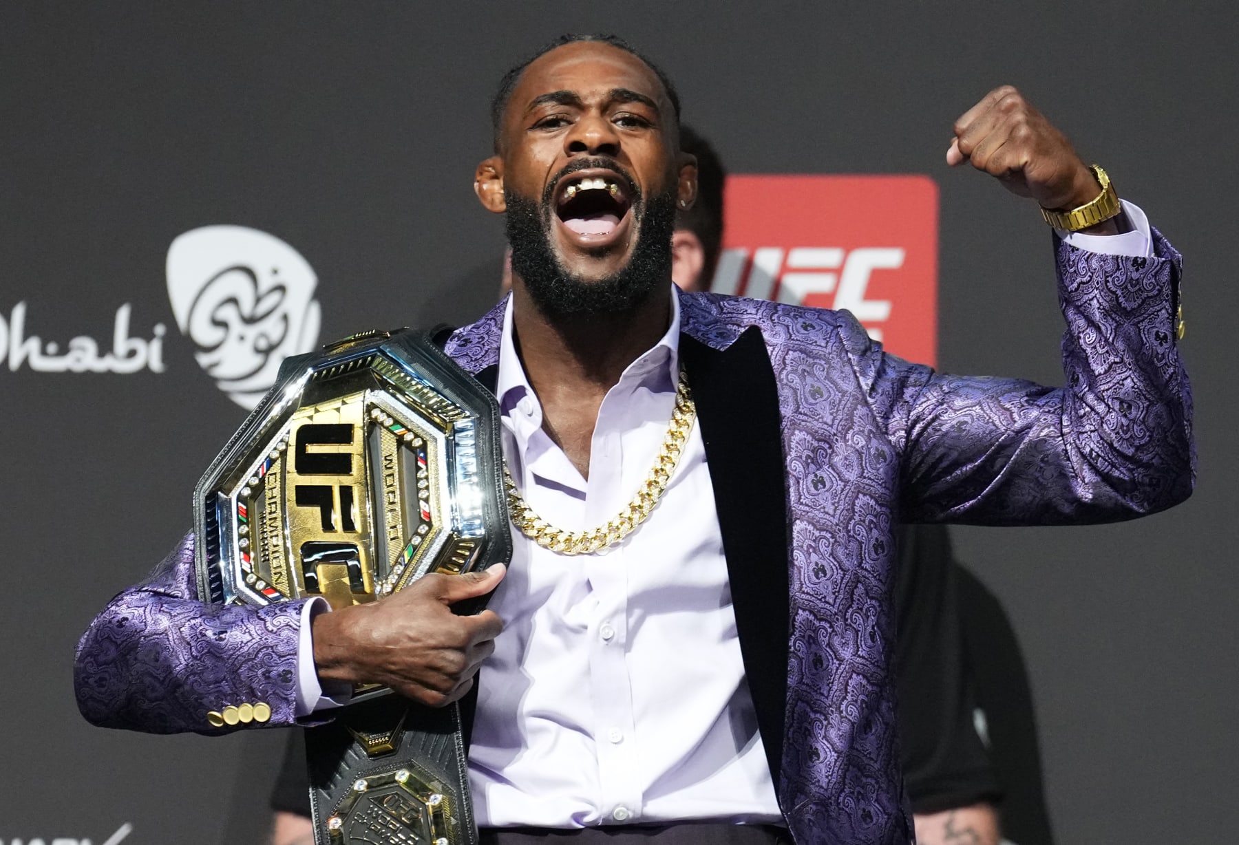 ABU DHABI, UNITED ARAB EMIRATES - OCTOBER 20: Aljamain Sterling is seen on stage during the UFC 280 press conference at Etihad Arena on October 20, 2022 in Abu Dhabi, United Arab Emirates. (Photo by Chris Unger/Zuffa LLC)