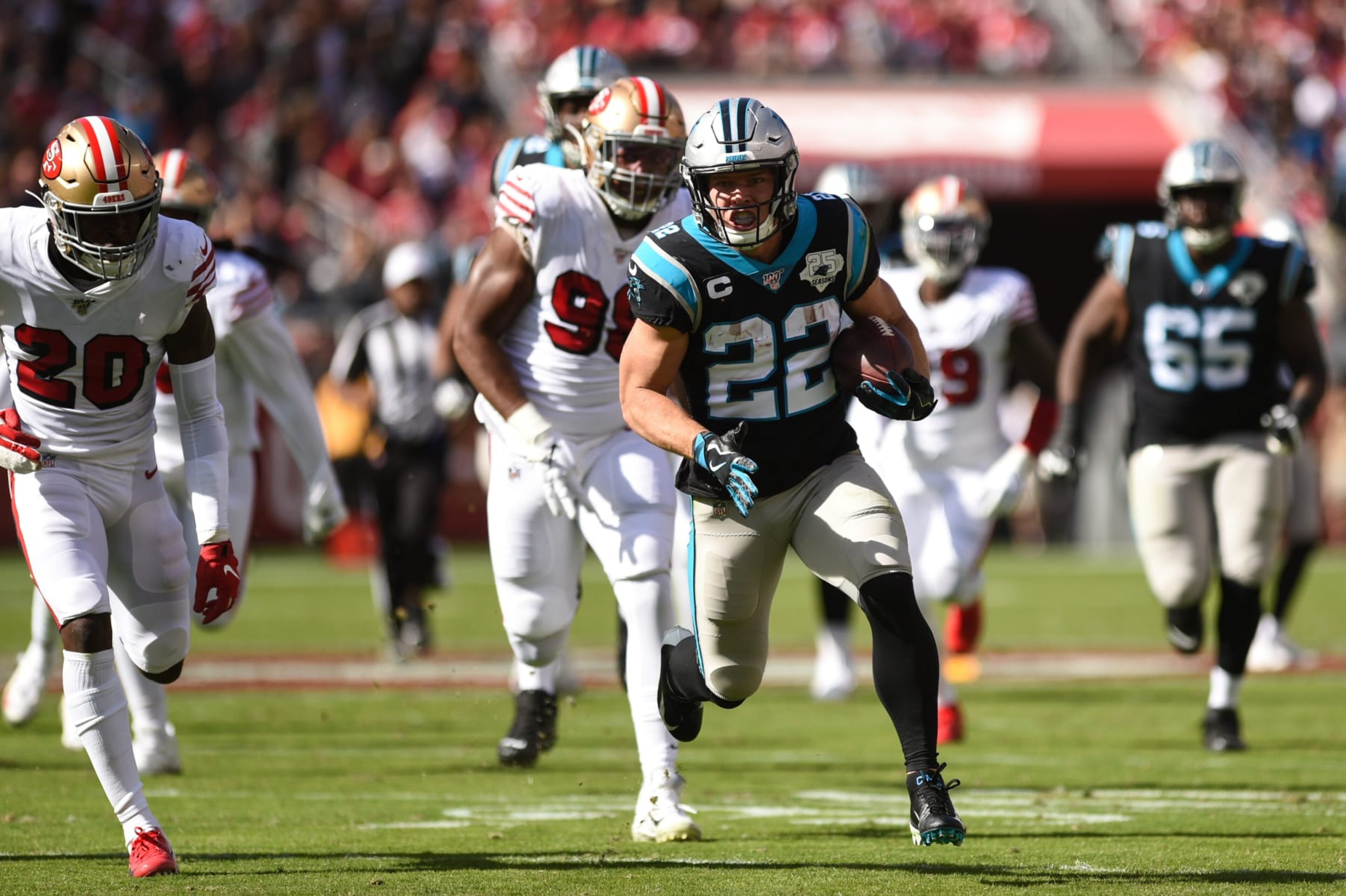 SANTA CLARA, CA - OCTOBER 27: Carolina Panthers Running Back Christian McCaffrey (22) carries the football during the NFL game between the Carolina Panthers and San Francisco 49ers at Levi's Stadium on October 27, 2019 in Santa Clara, CA. (Photo by Cody Glenn/Icon Sportswire via Getty Images) SANTA CLARA, CA - OCTOBER 27: Carolina Panthers Running Back Christian McCaffrey (22) carries the football during the NFL game between the Carolina Panthers and San Francisco 49ers at Levi's Stadium on October 27, 2019 in Santa Clara, CA. (Photo by Cody Glenn/Icon Sportswire via Getty Images)