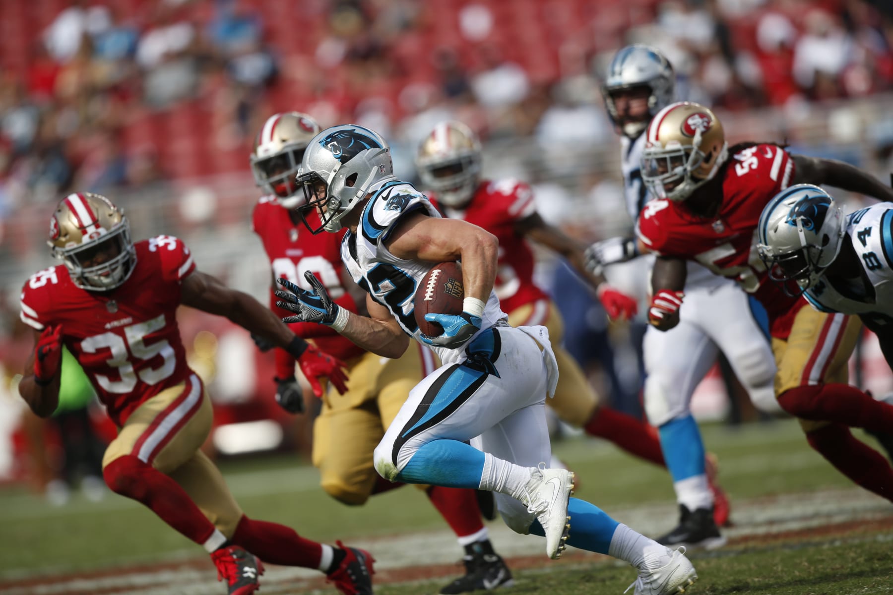 SANTA CLARA, CA - SEPTEMBER 10: Christian McCaffrey#22 of the Carolina Panthers rushes during the game against the San Francisco 49ers at Levi's Stadium on September 10, 2017 in Santa Clara, California. The Panthers defeated the 49ers 23-3. (Photo by Michael Zagaris/San Francisco 49ers/Getty Images) 