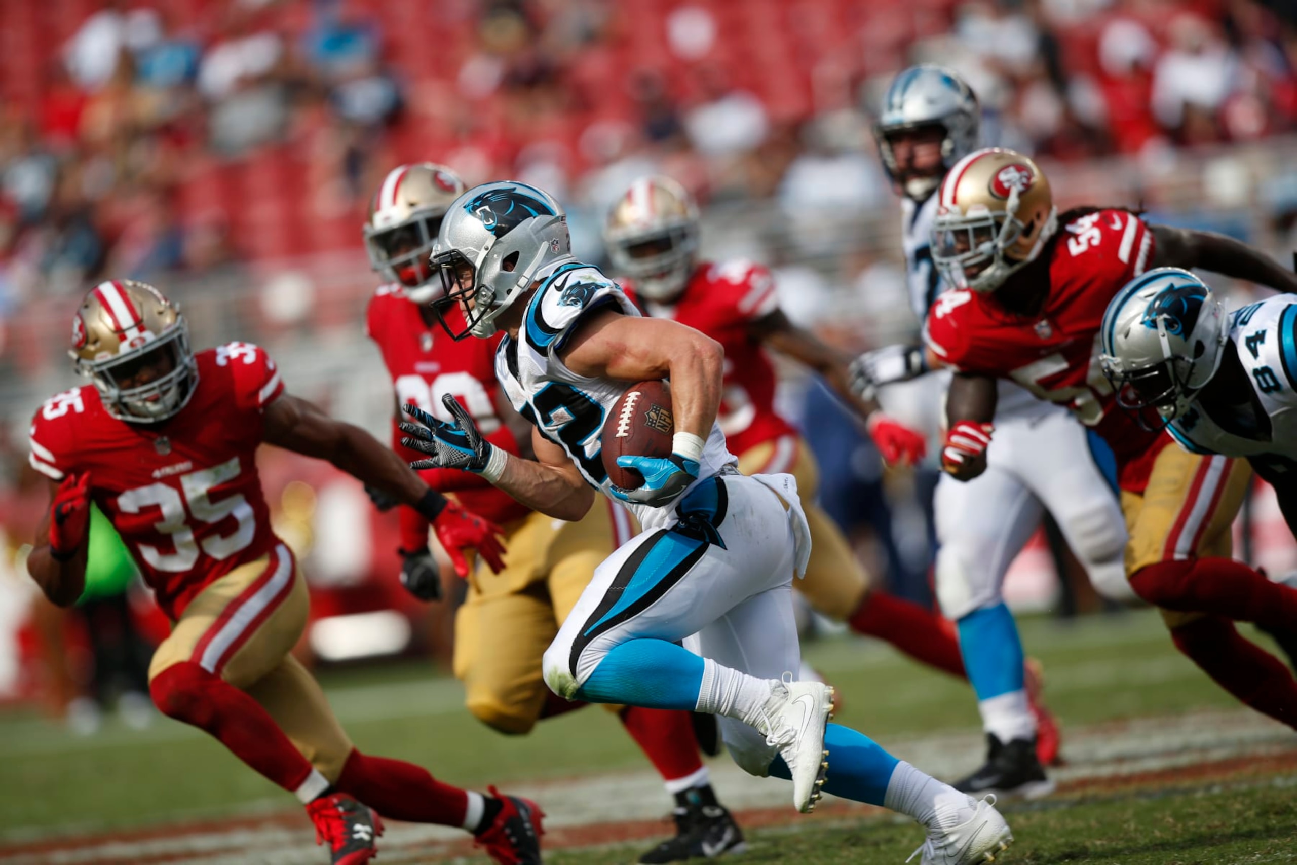 SANTA CLARA, CA - SEPTEMBER 10: Christian McCaffrey#22 of the Carolina Panthers rushes during the game against the San Francisco 49ers at Levi's Stadium on September 10, 2017 in Santa Clara, California. The Panthers defeated the 49ers 23-3. (Photo by Michael Zagaris/San Francisco 49ers/Getty Images) 