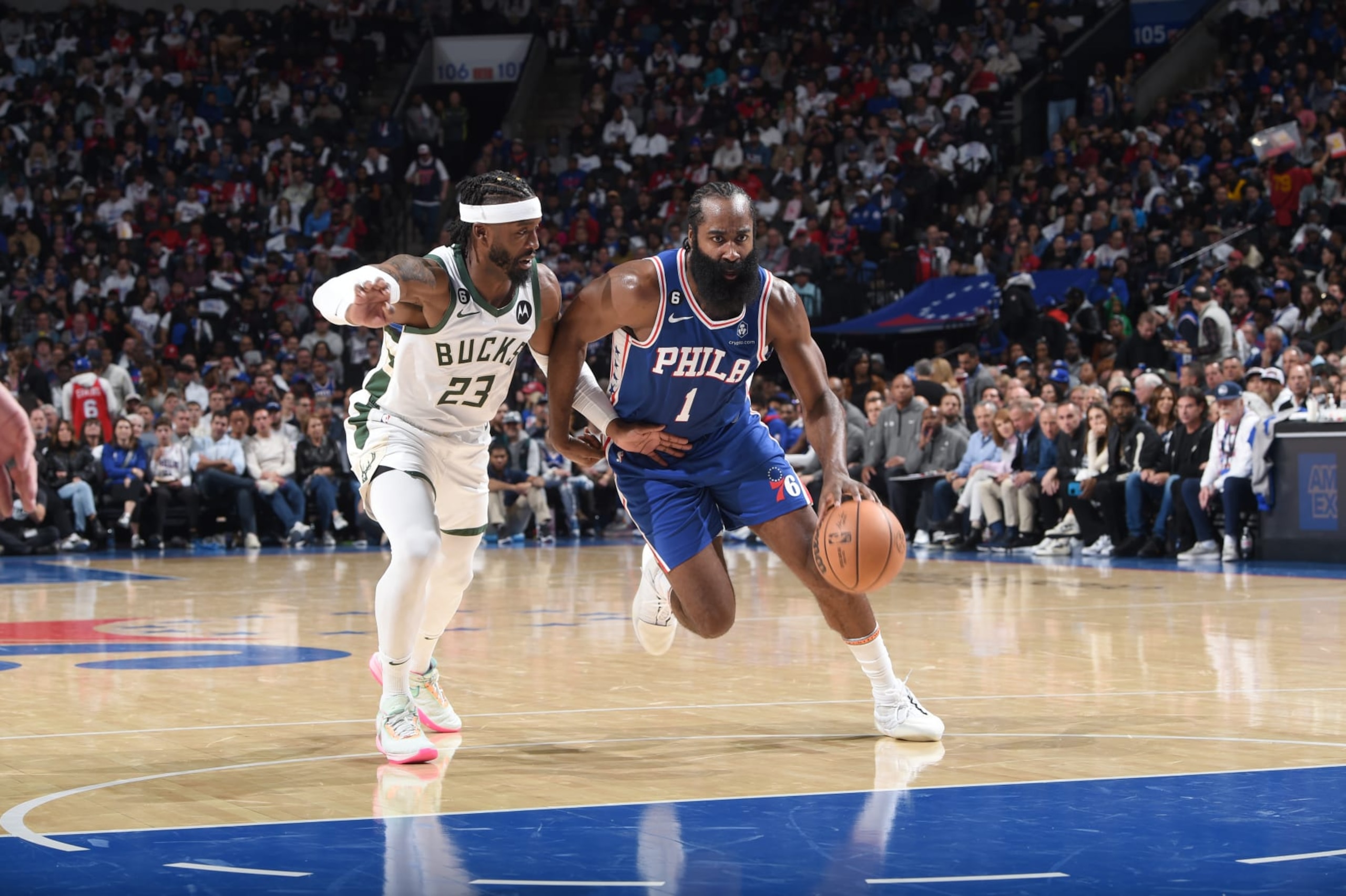 PHILADELPHIA, PA - OCTOBER 20: James Harden #1 of the Philadelphia 76ers drives to the basket during the game against the Milwaukee Bucks on October 20, 2022 at the Wells Fargo Center in Philadelphia, Pennsylvania NOTE TO USER: User expressly acknowledges and agrees that, by downloading and/or using this Photograph, user is consenting to the terms and conditions of the Getty Images License Agreement. Mandatory Copyright Notice: Copyright 2022 NBAE (Photo by David Dow/NBAE via Getty Images)