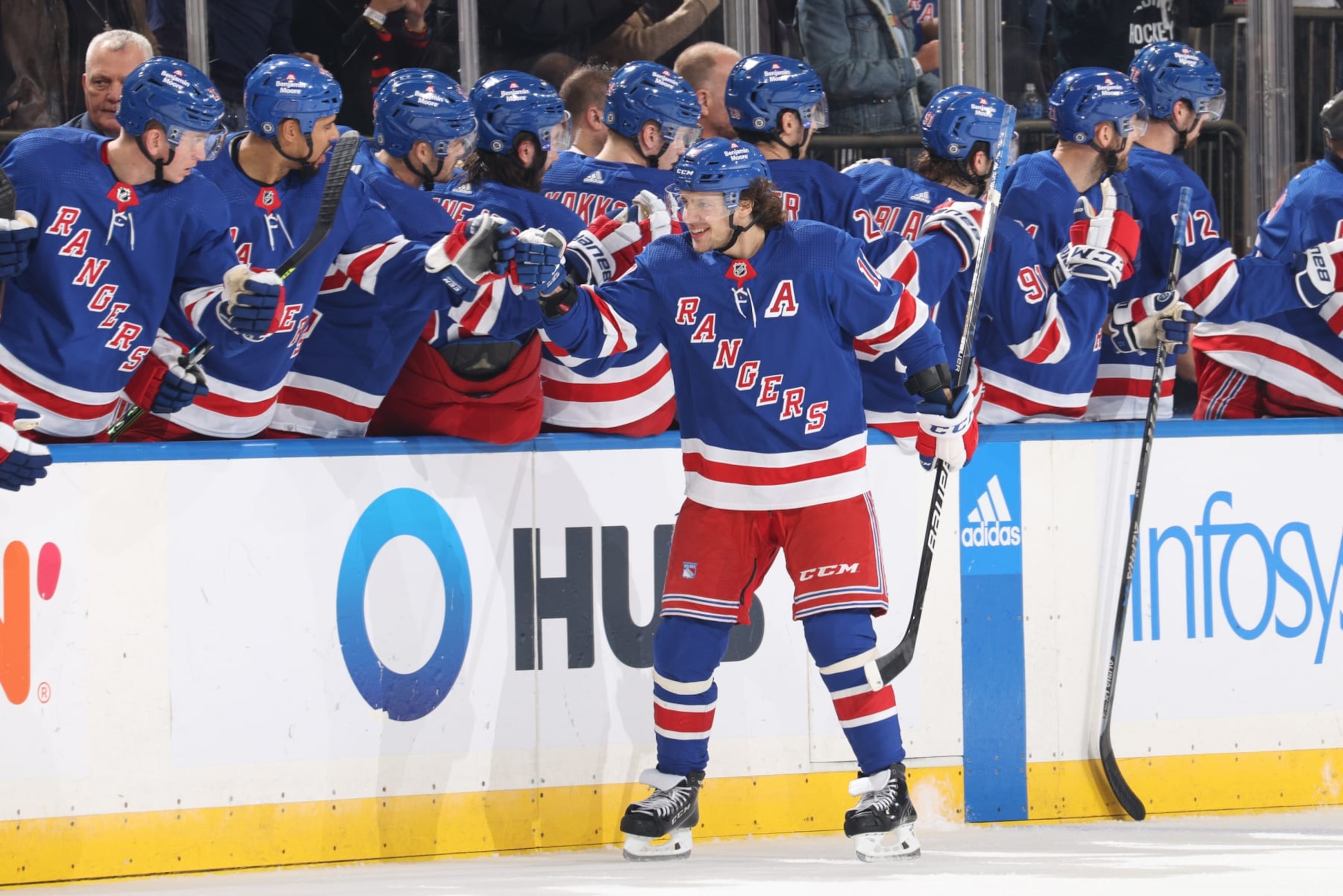 NEW YORK, NEW YORK - OCTOBER 20:  Artemi Panarin #10 of the New York Rangers celebrates with teammates after scoring a goal in the second period against the San Jose Sharks at Madison Square Garden on October 20, 2022 in New York City. (Photo by Jared Silber/NHLI via Getty Images)