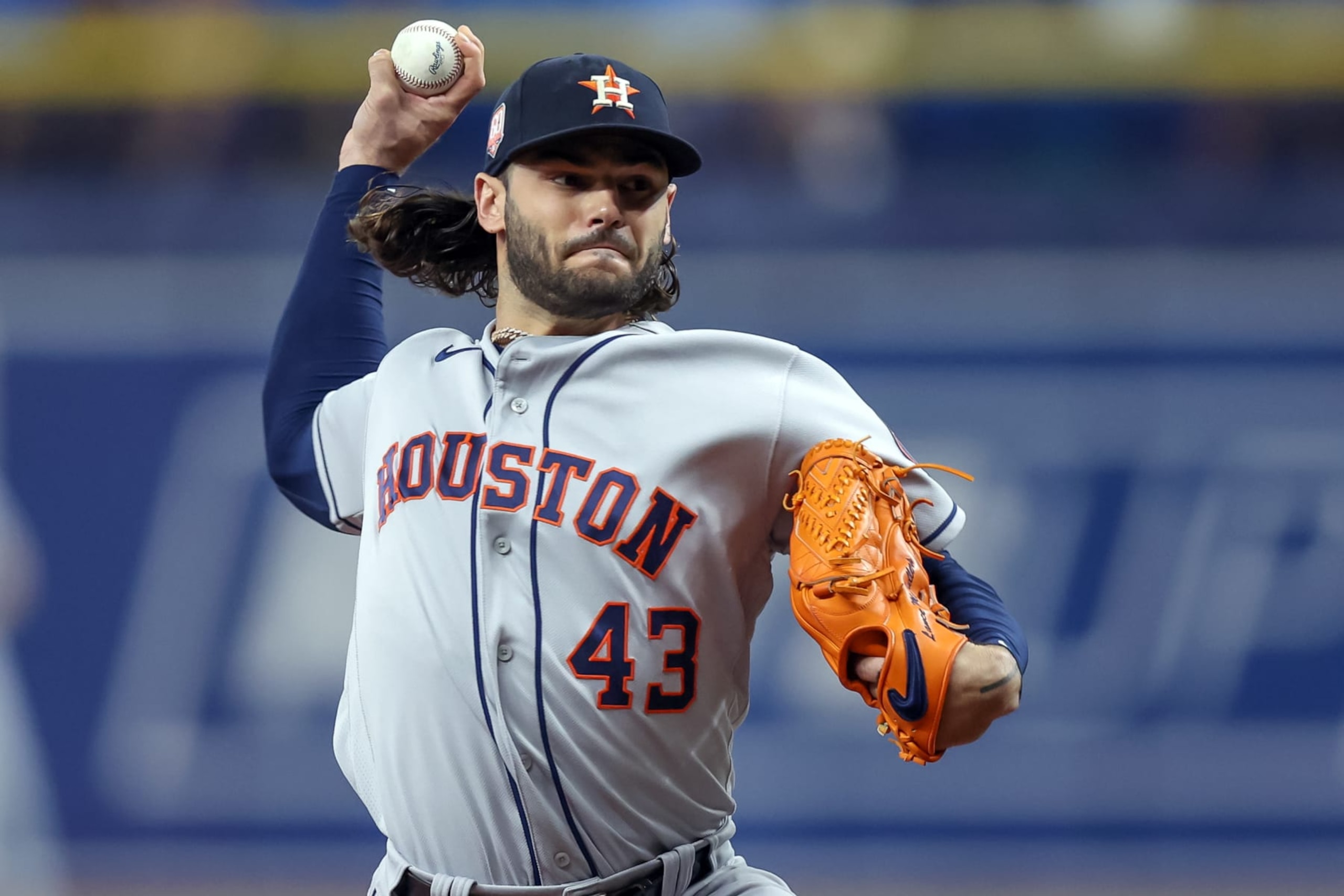 ST. PETERSBURG, FL - SEPTEMBER 21: Lance McCullers Jr. #43 of the Houston Astros throws a pitch against the Tampa Bay Rays in the first inning during a baseball game at Tropicana Field on September 21, 2022 in St. Petersburg, Florida. (Photo by Mike Carlson/Getty Images)