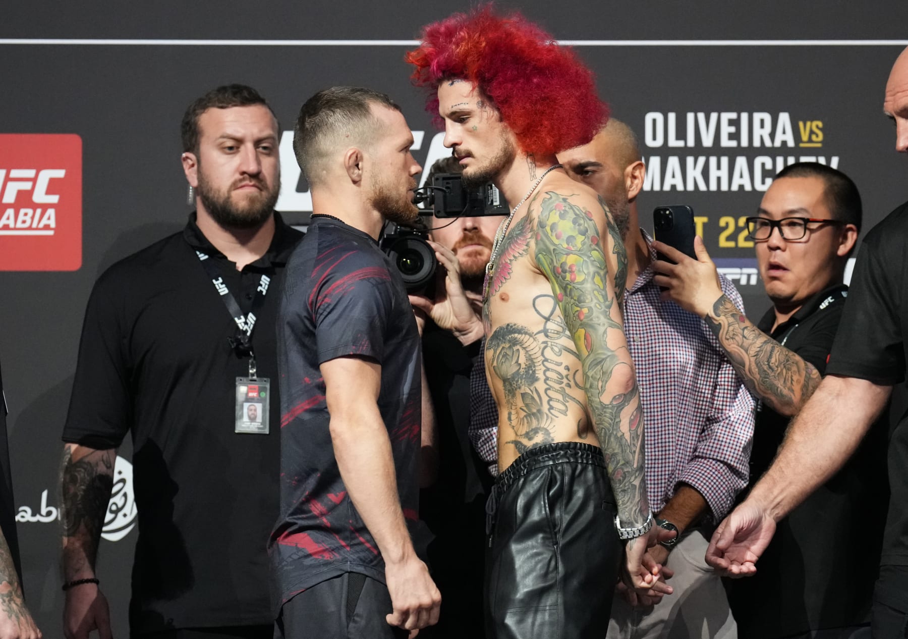 ABU DHABI, UNITED ARAB EMIRATES - OCTOBER 20: (L-R) Opponents Petr Yan of Russia and Sean O'Malley face off during the UFC 280 press conference at Etihad Arena on October 20, 2022 in Abu Dhabi, United Arab Emirates. (Photo by Chris Unger/Zuffa LLC)