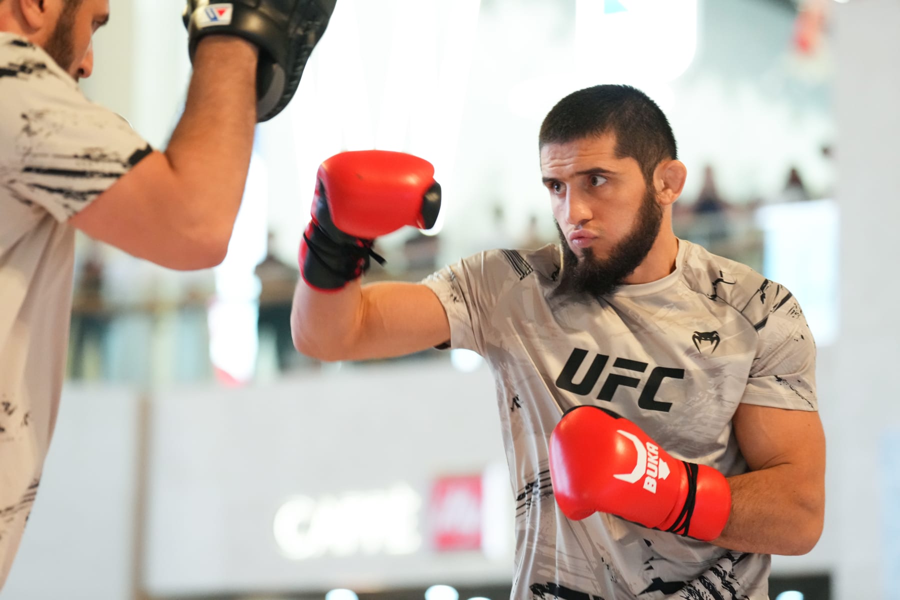 ABU DHABI, UNITED ARAB EMIRATES - OCTOBER 19:  Islam Makhachev of Russia holds an open training session for fans and media during the UFC 280 open workouts at Yas Mall on October 19, 2022 in Yas Island, Abu Dhabi, United Arab Emirates. (Photo by Chris Unger/Zuffa LLC)