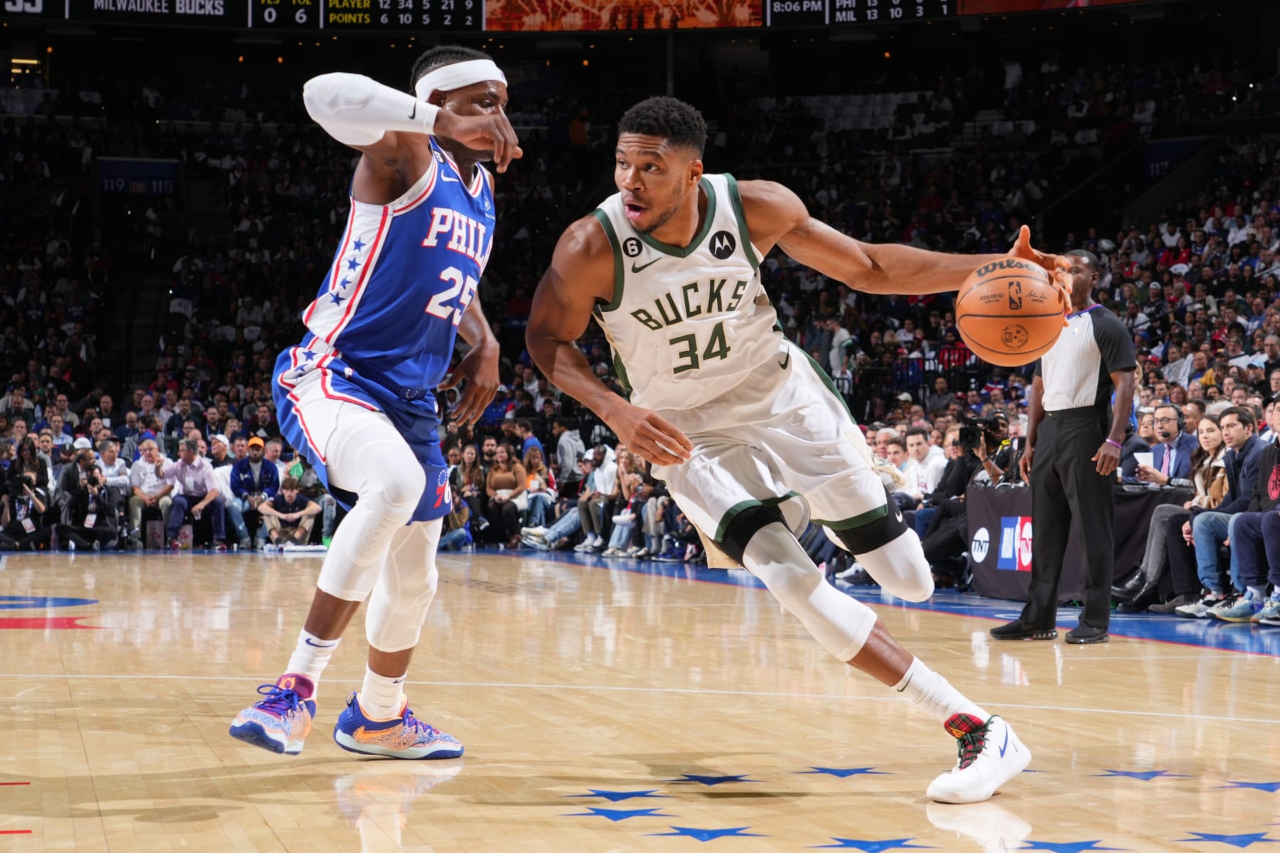 PHILADELPHIA, PA - OCTOBER 20: Giannis Antetokounmpo #34 of the Milwaukee Bucks dribbles the ball during the game against the Philadelphia 76ers on October 20, 2022 at the Wells Fargo Center in Philadelphia, Pennsylvania. NOTE TO USER: User expressly acknowledges and agrees that, by downloading and/or using this Photograph, user is consenting to the terms and conditions of the Getty Images License Agreement. Mandatory Copyright Notice: Copyright 2022 NBAE (Photo by Jesse D. Garrabrant/NBAE via Getty Images)