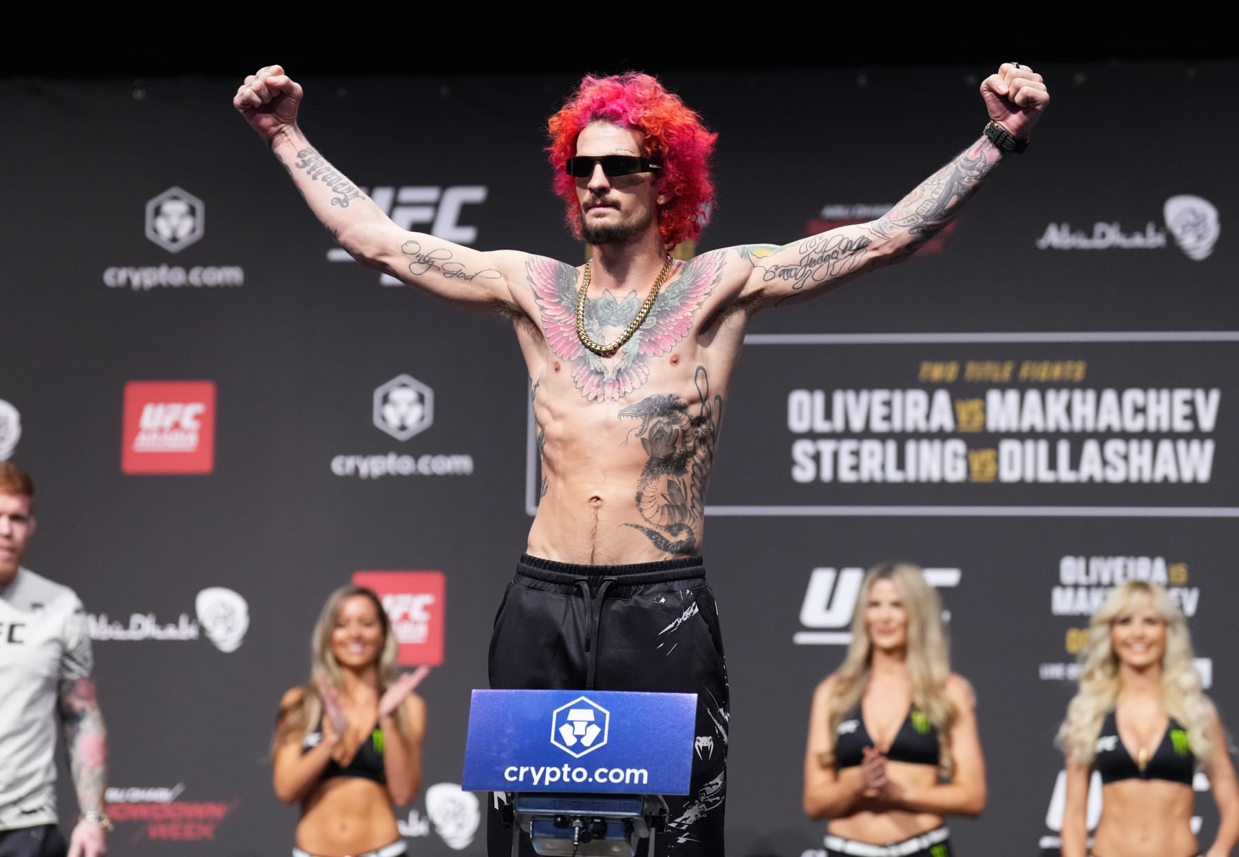 ABU DHABI, UNITED ARAB EMIRATES - OCTOBER 21: Sean O'Malley poses on the scale during the UFC 280 ceremonial weigh-in at Etihad Arena on October 21, 2022 in Abu Dhabi, United Arab Emirates. (Photo by Chris Unger/Zuffa LLC)