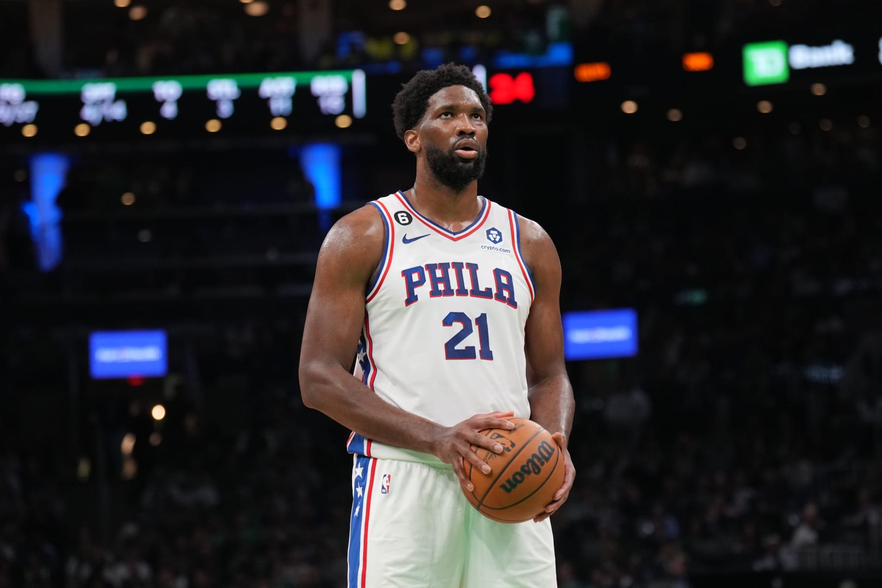 BOSTON, MA - OCTOBER 18: Joel Embiid #21 of the Philadelphia 76ers prepares to shoot a free throw during the game against the Boston Celtics on October 18, 2022 at the TD Garden in Boston, Massachusetts.  NOTE TO USER: User expressly acknowledges and agrees that, by downloading and or using this photograph, User is consenting to the terms and conditions of the Getty Images License Agreement. Mandatory Copyright Notice: Copyright 2022 NBAE  (Photo by Jesse D. Garrabrant/NBAE via Getty Images)