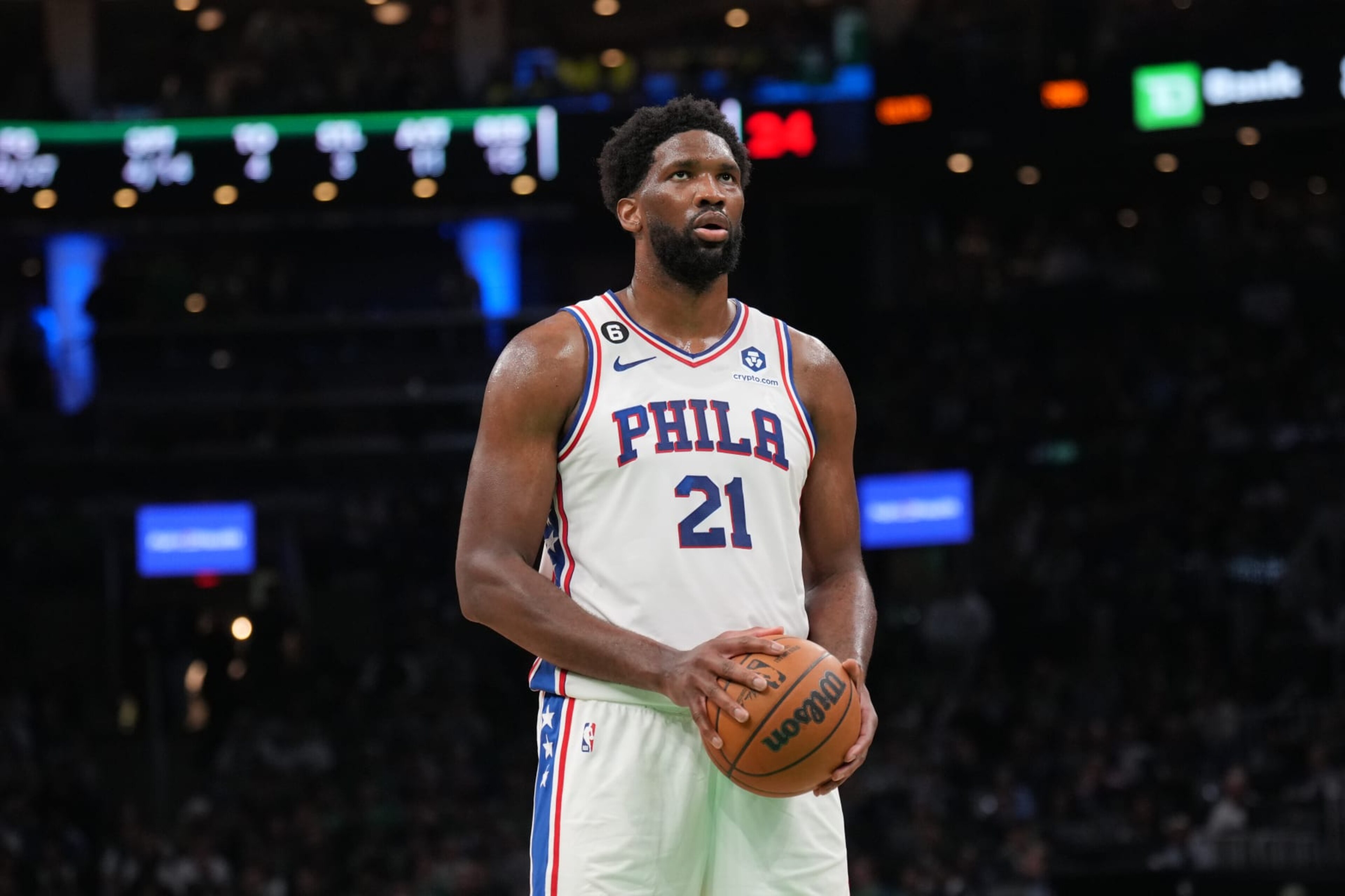 BOSTON, MA - OCTOBER 18: Joel Embiid #21 of the Philadelphia 76ers prepares to shoot a free throw during the game against the Boston Celtics on October 18, 2022 at the TD Garden in Boston, Massachusetts. NOTE TO USER: User expressly acknowledges and agrees that, by downloading and or using this photograph, User is consenting to the terms and conditions of the Getty Images License Agreement. Mandatory Copyright Notice: Copyright 2022 NBAE (Photo by Jesse D. Garrabrant/NBAE via Getty Images) BOSTON, MA - OCTOBER 18: Joel Embiid #21 of the Philadelphia 76ers prepares to shoot a free throw during the game against the Boston Celtics on October 18, 2022 at the TD Garden in Boston, Massachusetts. NOTE TO USER: User expressly acknowledges and agrees that, by downloading and or using this photograph, User is consenting to the terms and conditions of the Getty Images License Agreement. Mandatory Copyright Notice: Copyright 2022 NBAE (Photo by Jesse D. Garrabrant/NBAE via Getty Images)