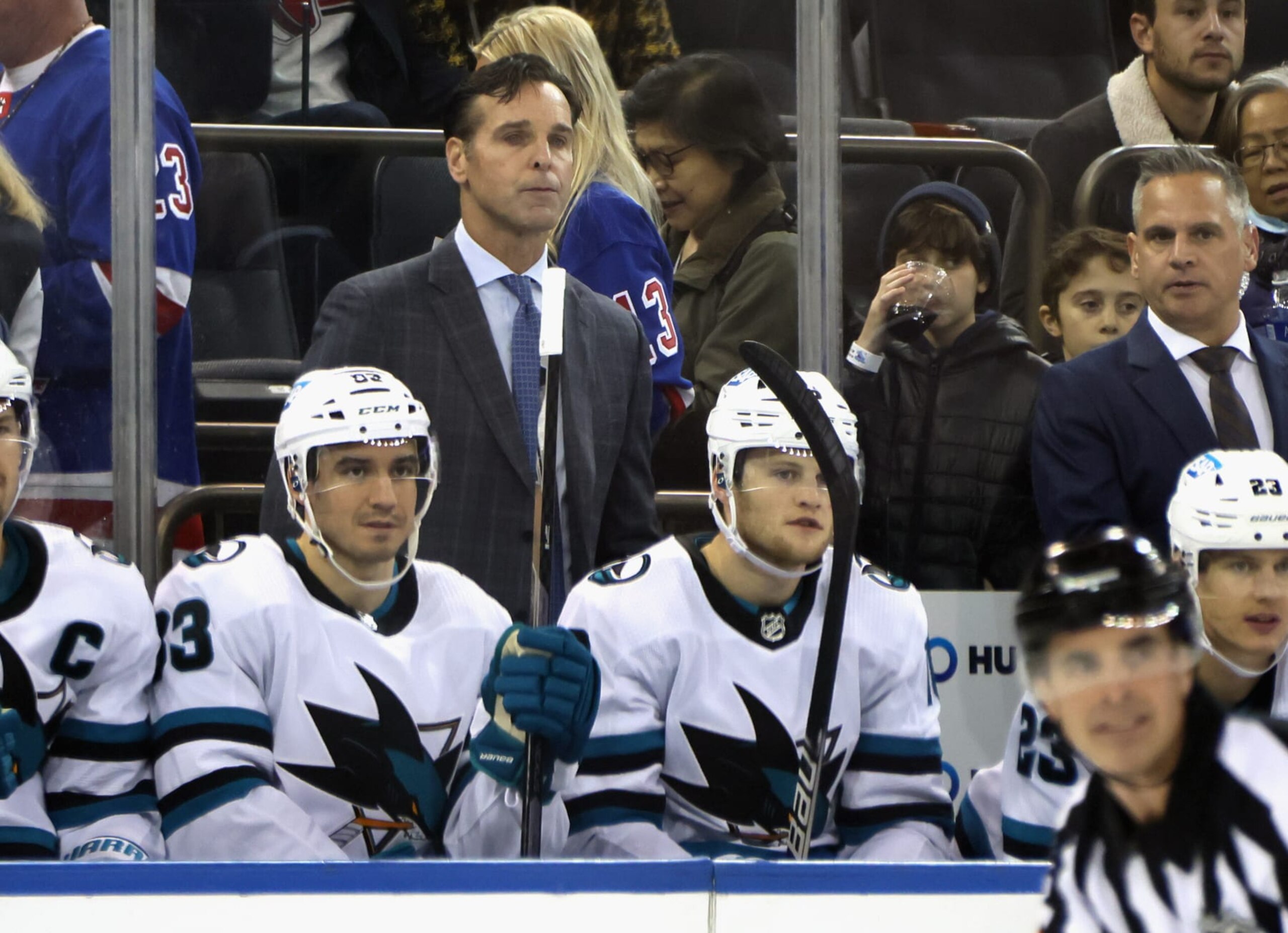 NEW YORK, NEW YORK - OCTOBER 20: Head coach David Quinn of the San Jose Sharks handles the bench against the New York Rangers at Madison Square Garden on October 20, 2022 in New York City. (Photo by Bruce Bennett/Getty Images)