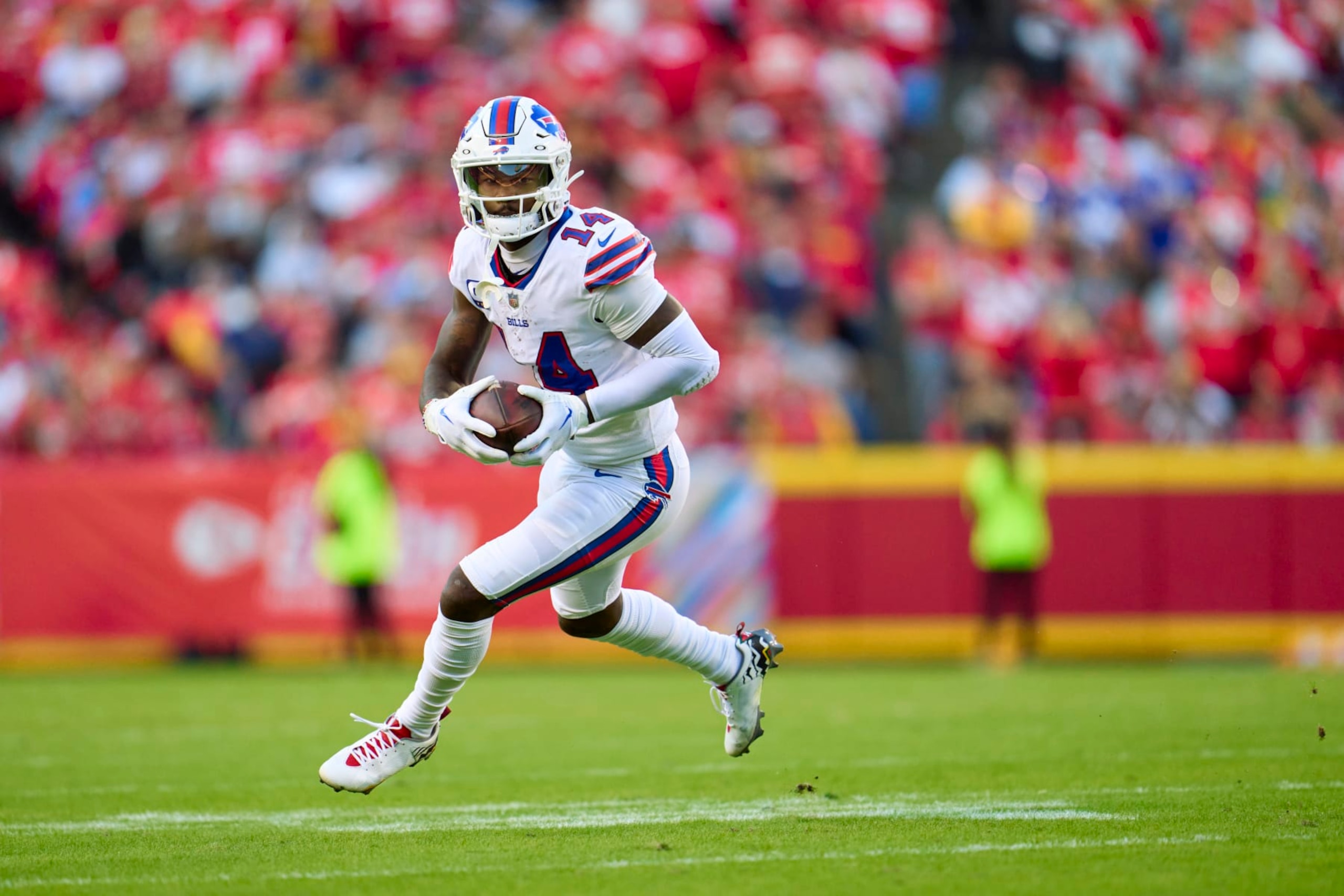 KANSAS CITY, MO - OCTOBER 16: Stefon Diggs #14 of the Buffalo Bills runs with the ball after a catch against the Kansas City Chiefs during the second half at GEHA Field at Arrowhead Stadium on October 16, 2022 in Kansas City, Missouri. (Photo by Cooper Neill/Getty Images) KANSAS CITY, MO - OCTOBER 16: Stefon Diggs #14 of the Buffalo Bills runs with the ball after a catch against the Kansas City Chiefs during the second half at GEHA Field at Arrowhead Stadium on October 16, 2022 in Kansas City, Missouri. (Photo by Cooper Neill/Getty Images)