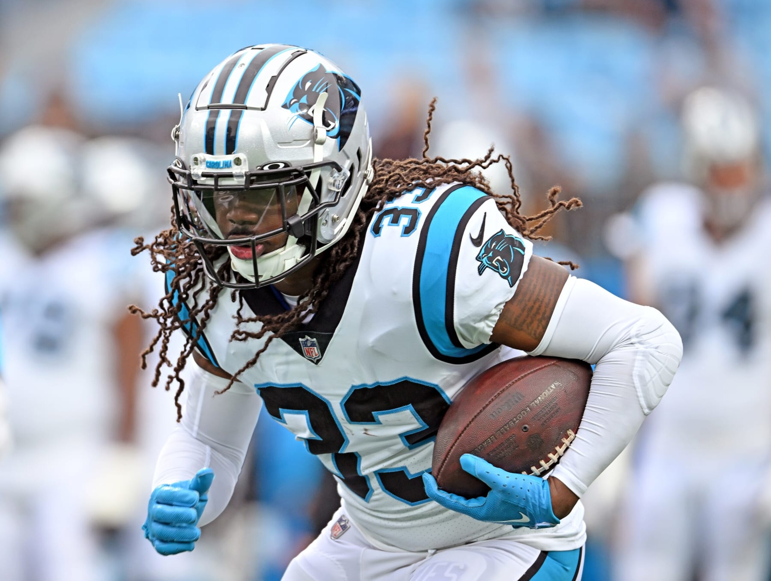 CHARLOTTE, NORTH CAROLINA - OCTOBER 02: D'Onta Foreman #33 of the Carolina Panthers in action against the Arizona Cardinals during their game at Bank of America Stadium on October 02, 2022 in Charlotte, North Carolina. (Photo by Grant Halverson/Getty Images)