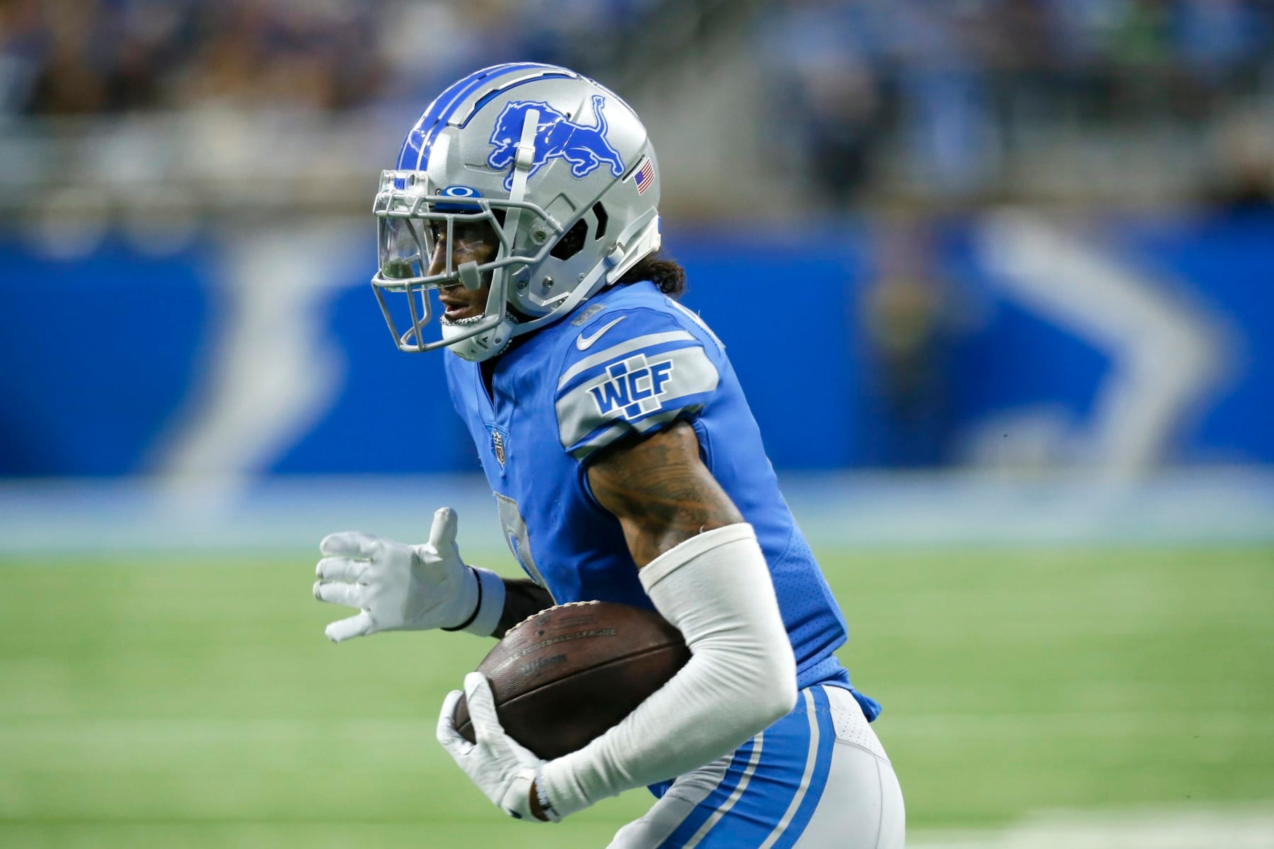Detroit Lions wide receiver Josh Reynolds rushes during the first half of an NFL football game against the Seattle Seahawks, Sunday, Oct. 2, 2022, in Detroit. (AP Photo/Duane Burleson)