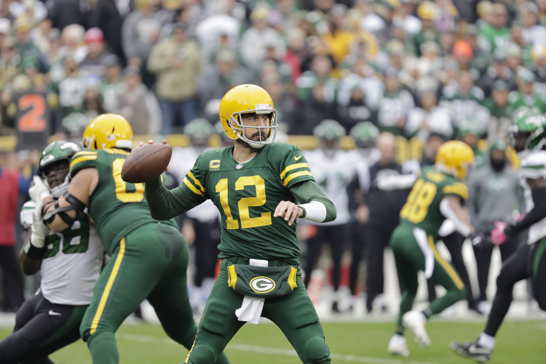 Green Bay Packers quarterback Aaron Rodgers (12) during an NFL football game Sunday, Oct. 17, 2022, in Green Bay, Wis. (AP Photo/Mike Roemer)