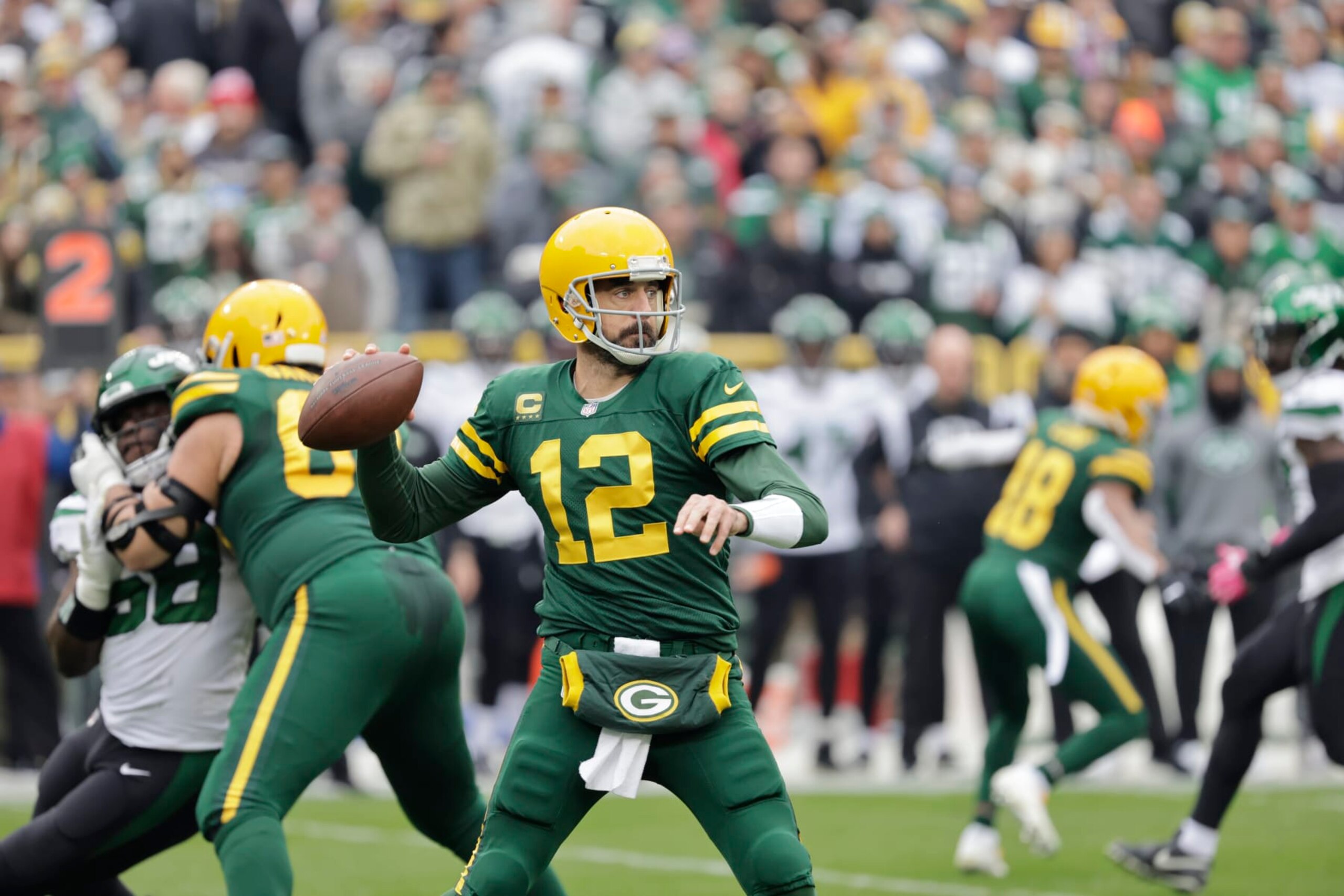 Green Bay Packers quarterback Aaron Rodgers (12) during an NFL football game Sunday, Oct. 17, 2022, in Green Bay, Wis. (AP Photo/Mike Roemer)