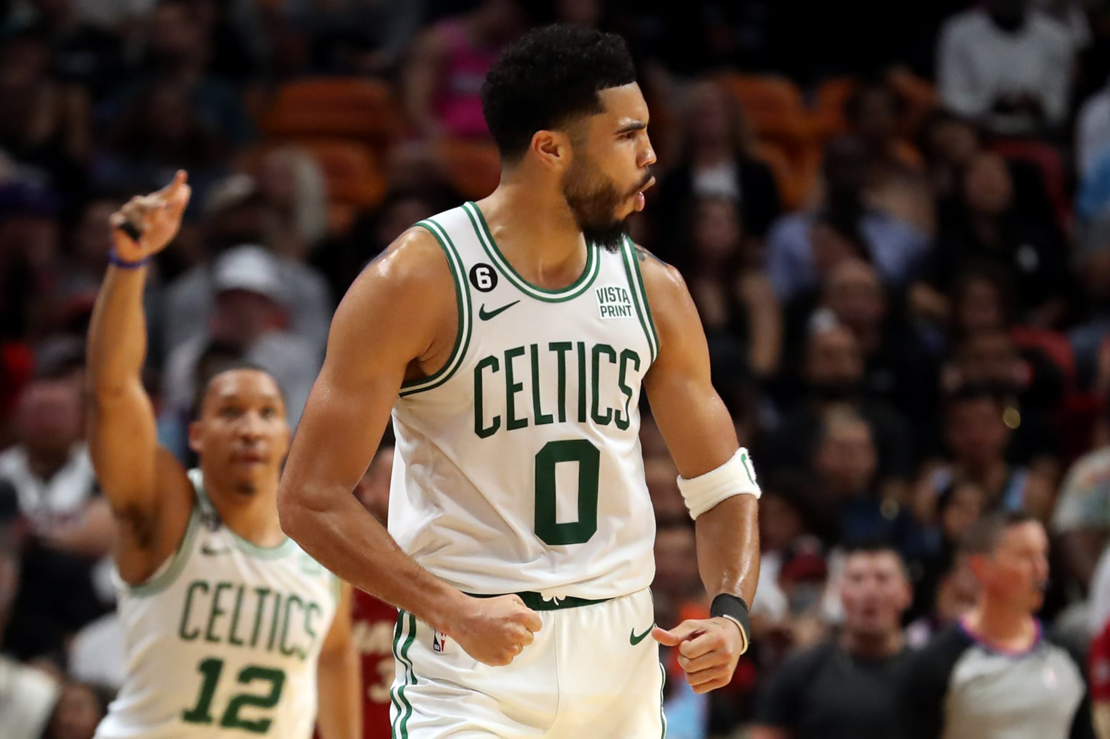 MIAMI, FLORIDA - OCTOBER 21: Jayson Tatum #0 of the Boston Celtics reacts during the fourth quarter against the Miami Heat at FTX Arena on October 21, 2022 in Miami, Florida. NOTE TO USER: User expressly acknowledges and agrees that, by downloading and or using this photograph, User is consenting to the terms and conditions of the Getty Images License Agreement. (Photo by Megan Briggs/Getty Images) MIAMI, FLORIDA - OCTOBER 21: Jayson Tatum #0 of the Boston Celtics reacts during the fourth quarter against the Miami Heat at FTX Arena on October 21, 2022 in Miami, Florida. NOTE TO USER: User expressly acknowledges and agrees that, by downloading and or using this photograph, User is consenting to the terms and conditions of the Getty Images License Agreement. (Photo by Megan Briggs/Getty Images)