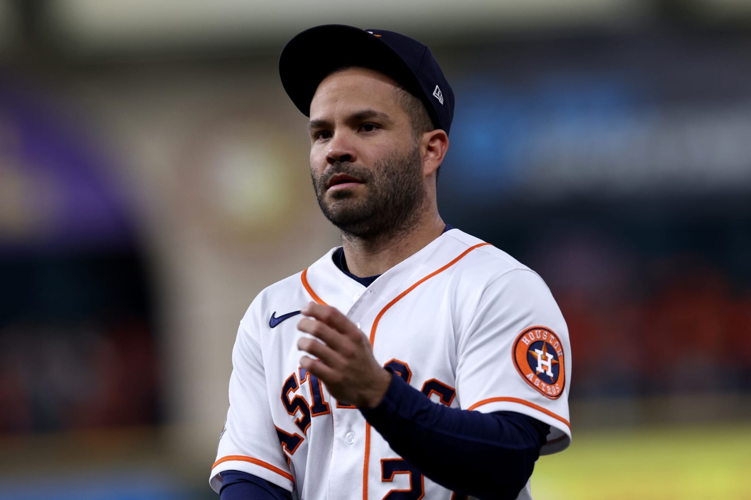 HOUSTON, TEXAS - OCTOBER 19: Jose Altuve #27 of the Houston Astros on the field prior to the game against the New York Yankees in game one of the American League Championship Series at Minute Maid Park on October 19, 2022 in Houston, Texas. (Photo by Tom Pennington/Getty Images)