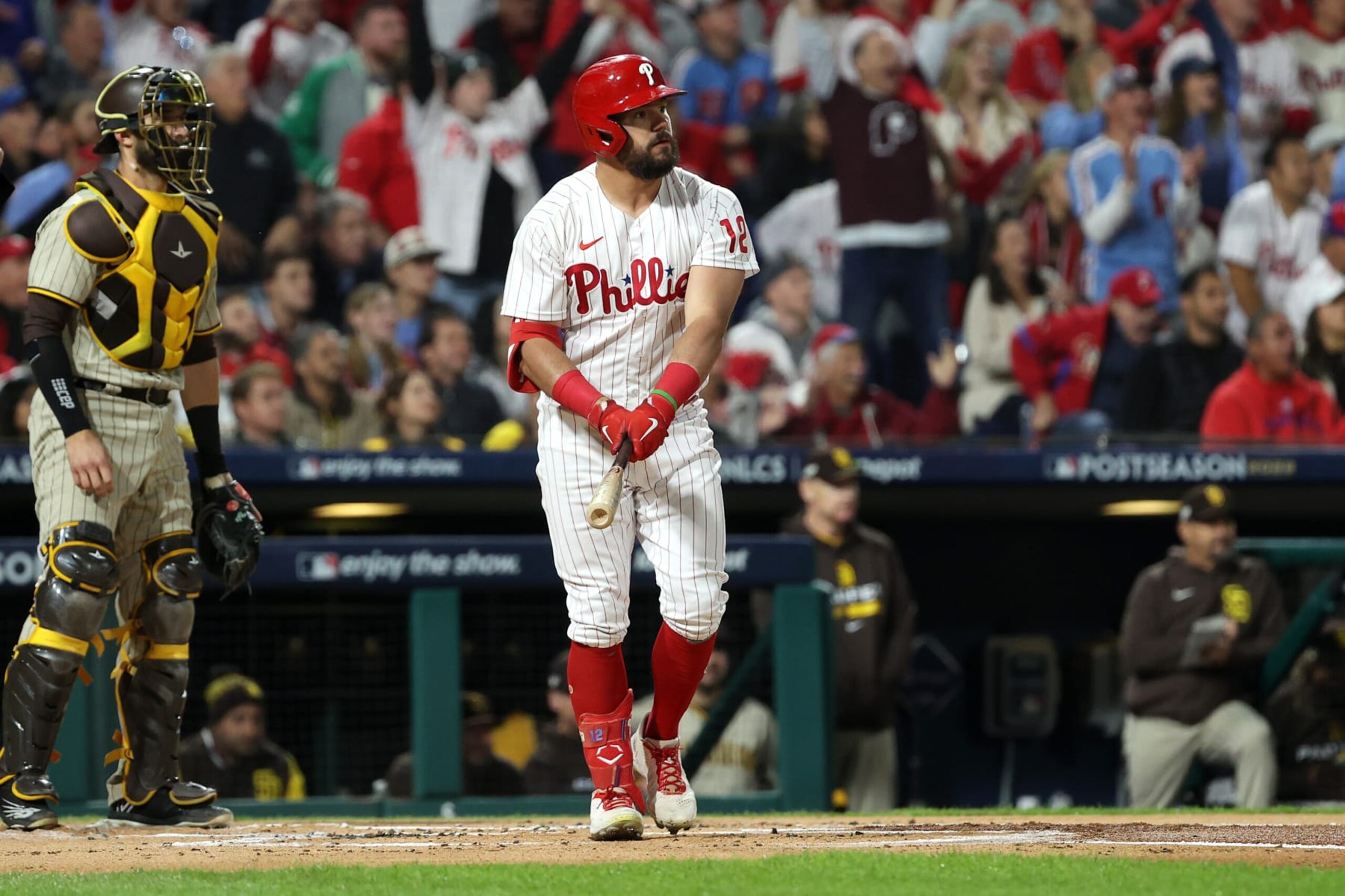 PHILADELPHIA, PENNSYLVANIA - OCTOBER 21: Kyle Schwarber #12 of the Philadelphia Phillies reacts after hitting a solo home run during the first inning against the San Diego Padres in game three of the National League Championship Series at Citizens Bank Park on October 21, 2022 in Philadelphia, Pennsylvania. (Photo by Tim Nwachukwu/Getty Images)