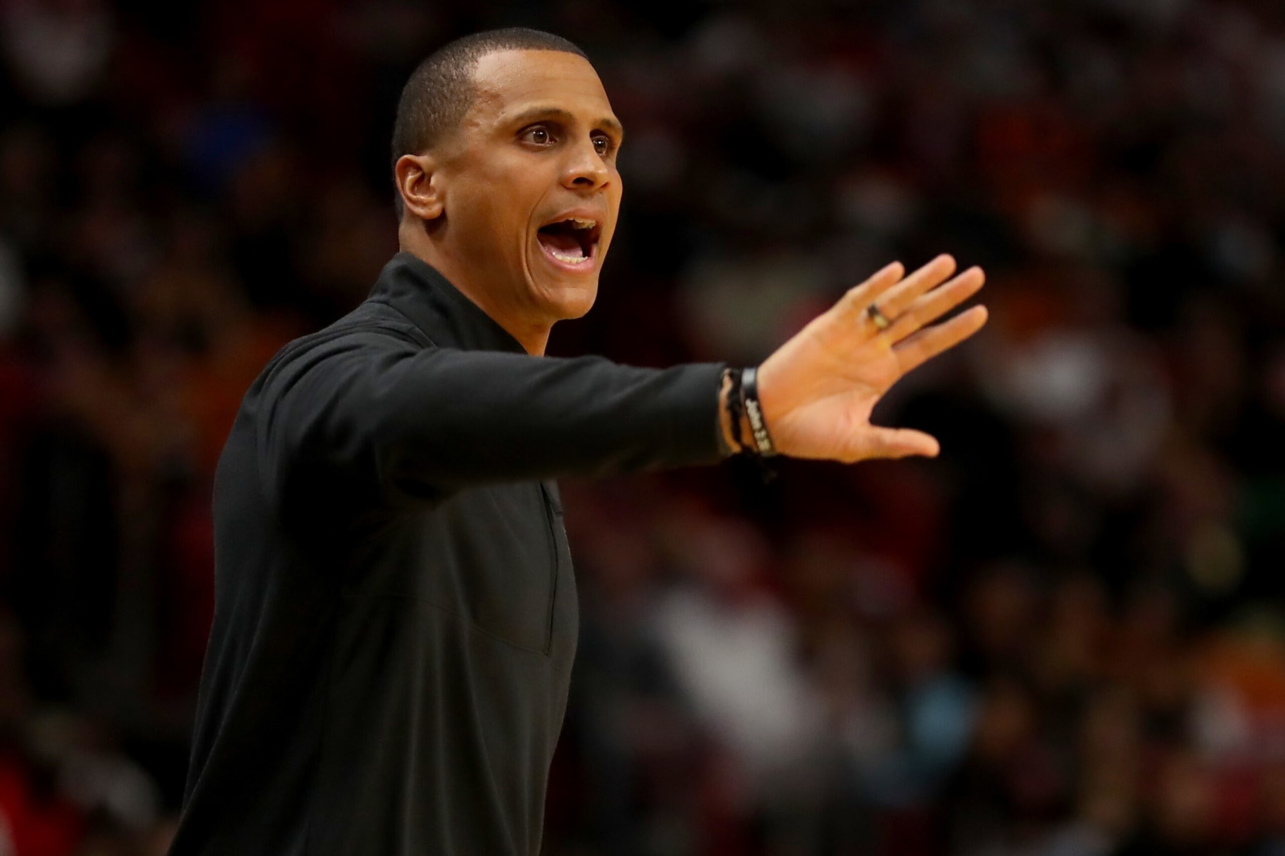MIAMI, FLORIDA - OCTOBER 21: Interim head coach Joe Mazzulla of the Boston Celtics signals to his team during the second quarter against the Miami Heat at FTX Arena on October 21, 2022 in Miami, Florida. NOTE TO USER: User expressly acknowledges and agrees that, by downloading and or using this photograph, User is consenting to the terms and conditions of the Getty Images License Agreement. (Photo by Megan Briggs/Getty Images)