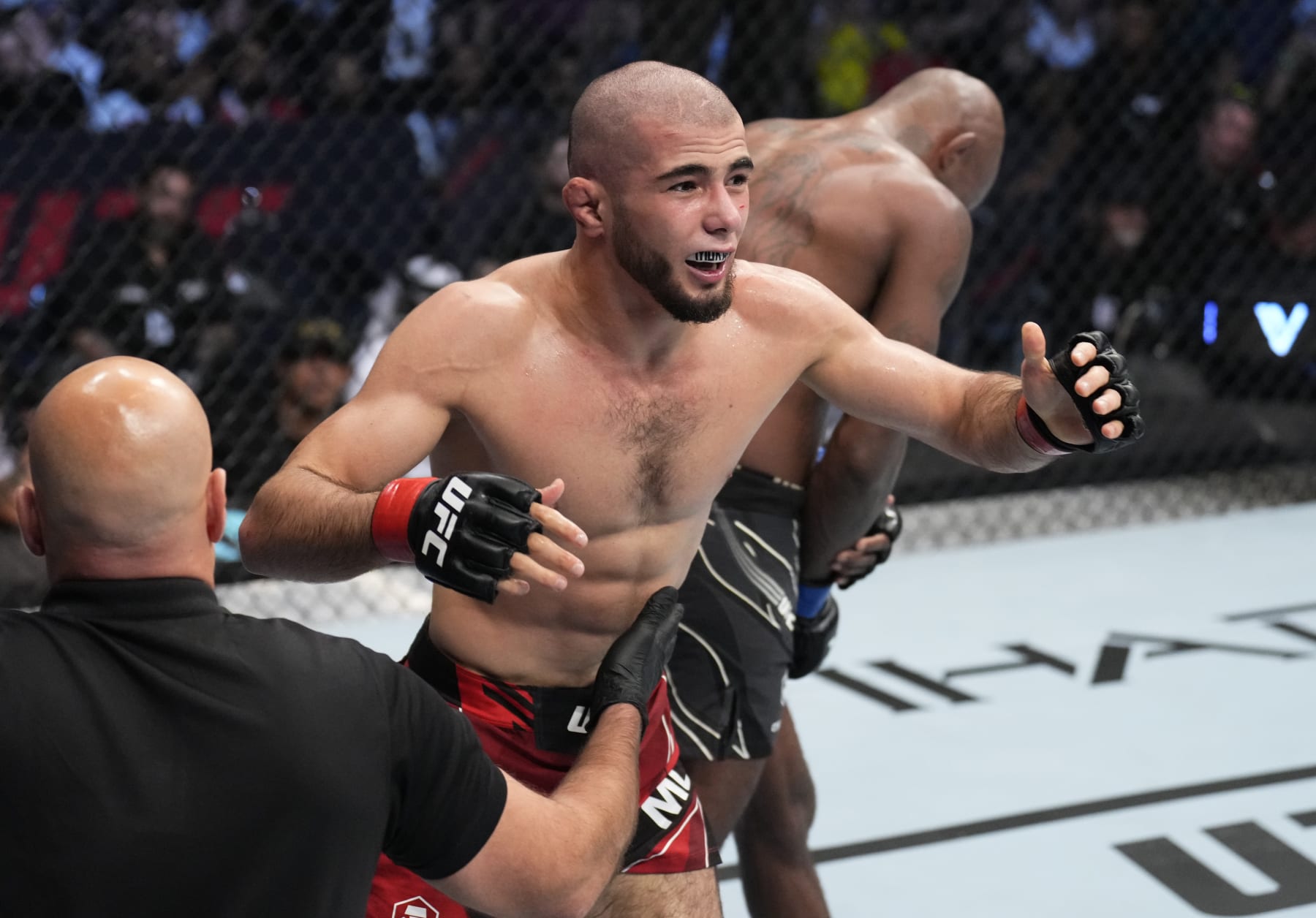 ABU DHABI, UNITED ARAB EMIRATES - OCTOBER 22: Muhammad Mokaev of Russia reacts after his victory over Malcolm Gordon of Canada in a flyweight fight during the UFC 280 event at Etihad Arena on October 22, 2022 in Abu Dhabi, United Arab Emirates. (Photo by Chris Unger/Zuffa LLC)