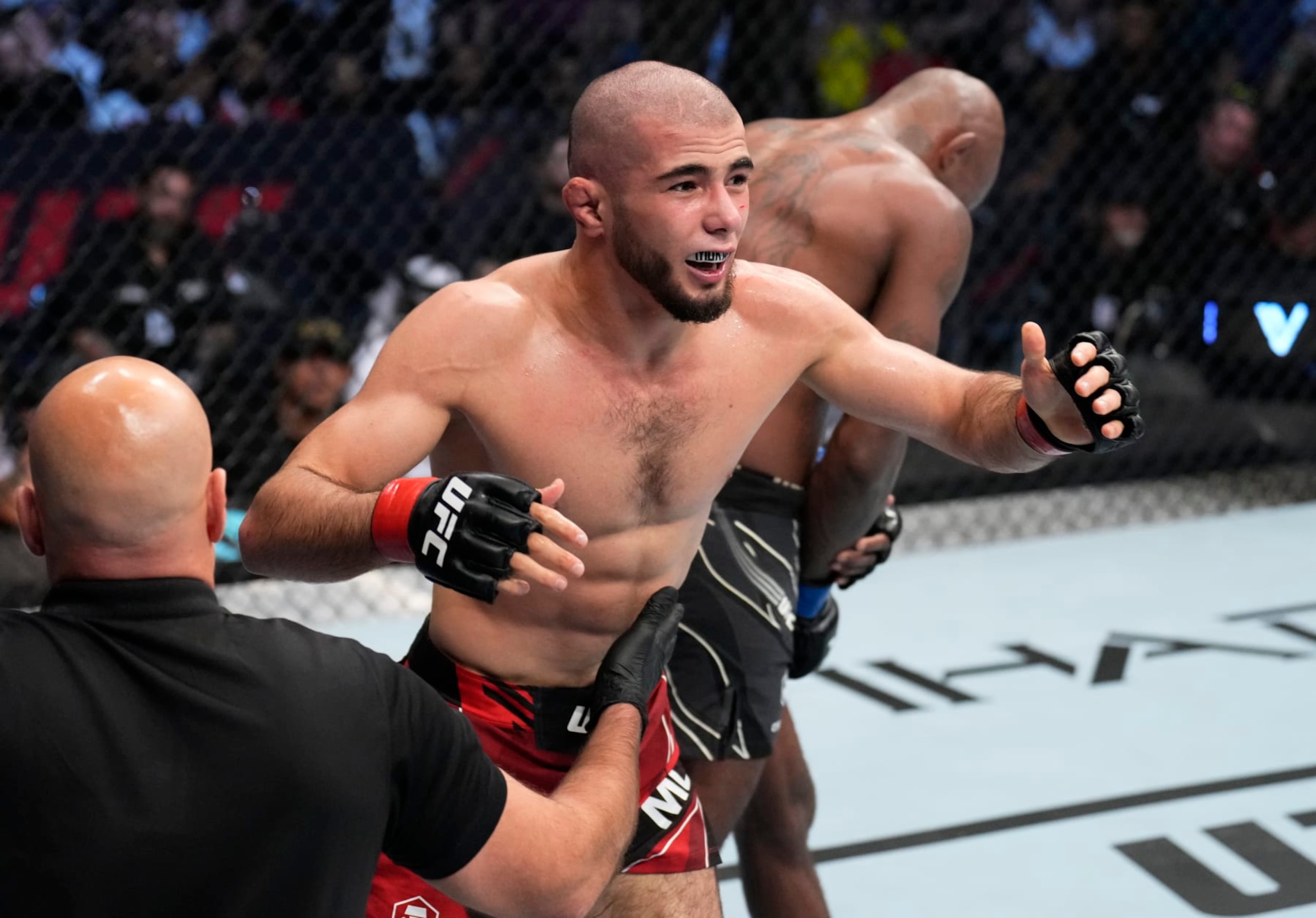 ABU DHABI, UNITED ARAB EMIRATES - OCTOBER 22: Muhammad Mokaev of Russia reacts after his victory over Malcolm Gordon of Canada in a flyweight fight during the UFC 280 event at Etihad Arena on October 22, 2022 in Abu Dhabi, United Arab Emirates. (Photo by Chris Unger/Zuffa LLC)
