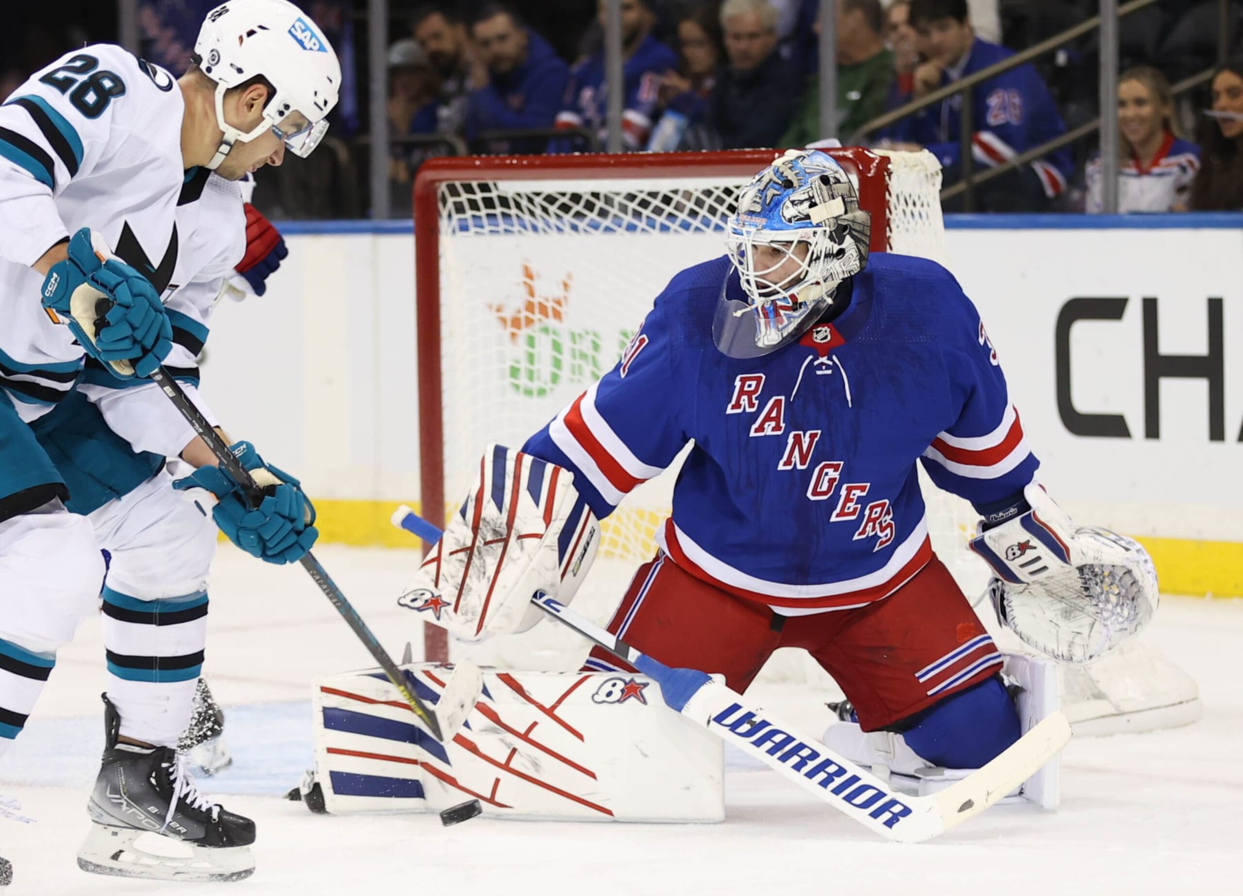 NEW YORK, NY - OCTOBER 20: New York Rangers Goalie Igor Shesterkin (31) blocks a shot by San Jose Sharks Left Wing Timo Meier (28) during the first period of the National Hockey League game between the San Jose Sharks and the New York Rangers on October 20, 2022 at Madison Square Garden in New York, NY. (Photo by Joshua Sarner/Icon Sportswire via Getty Images)